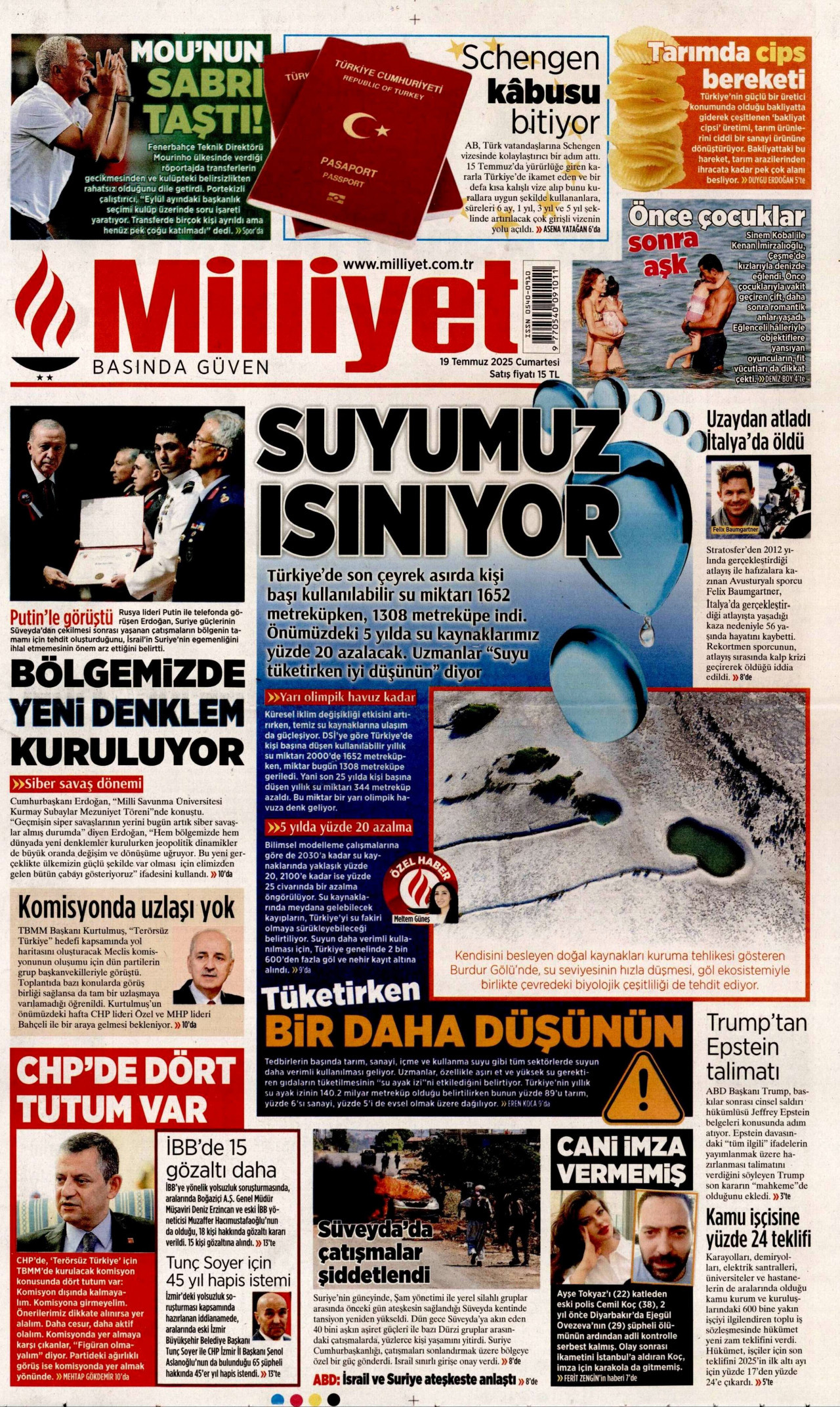 MİLLİYET gazetesinin 19 Temmuz 2025 tarihli birinci sayfası