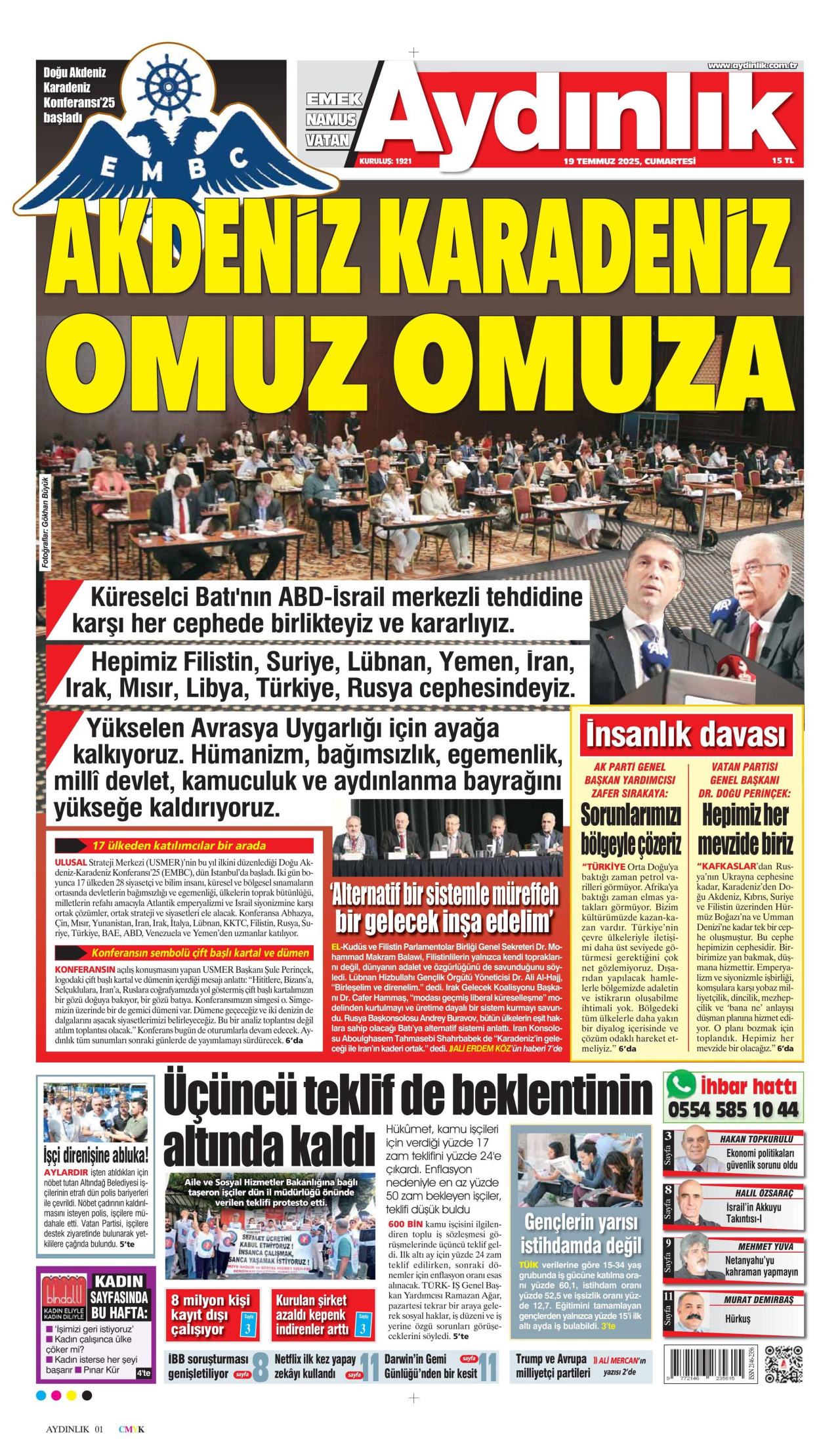 AYDINLIK GAZETESİ gazetesinin 19 Temmuz 2025 tarihli birinci sayfası
