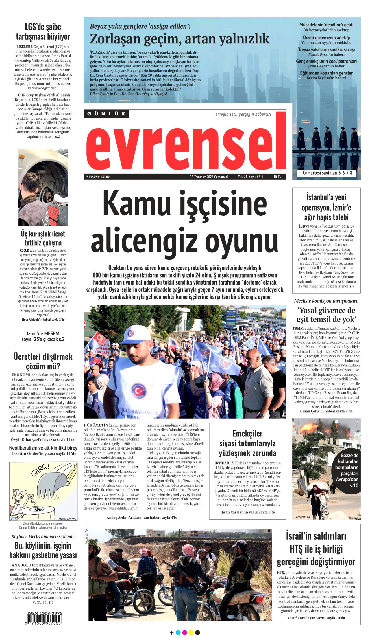 EVRENSEL gazetesinin 19 Temmuz 2025 tarihli birinci sayfası