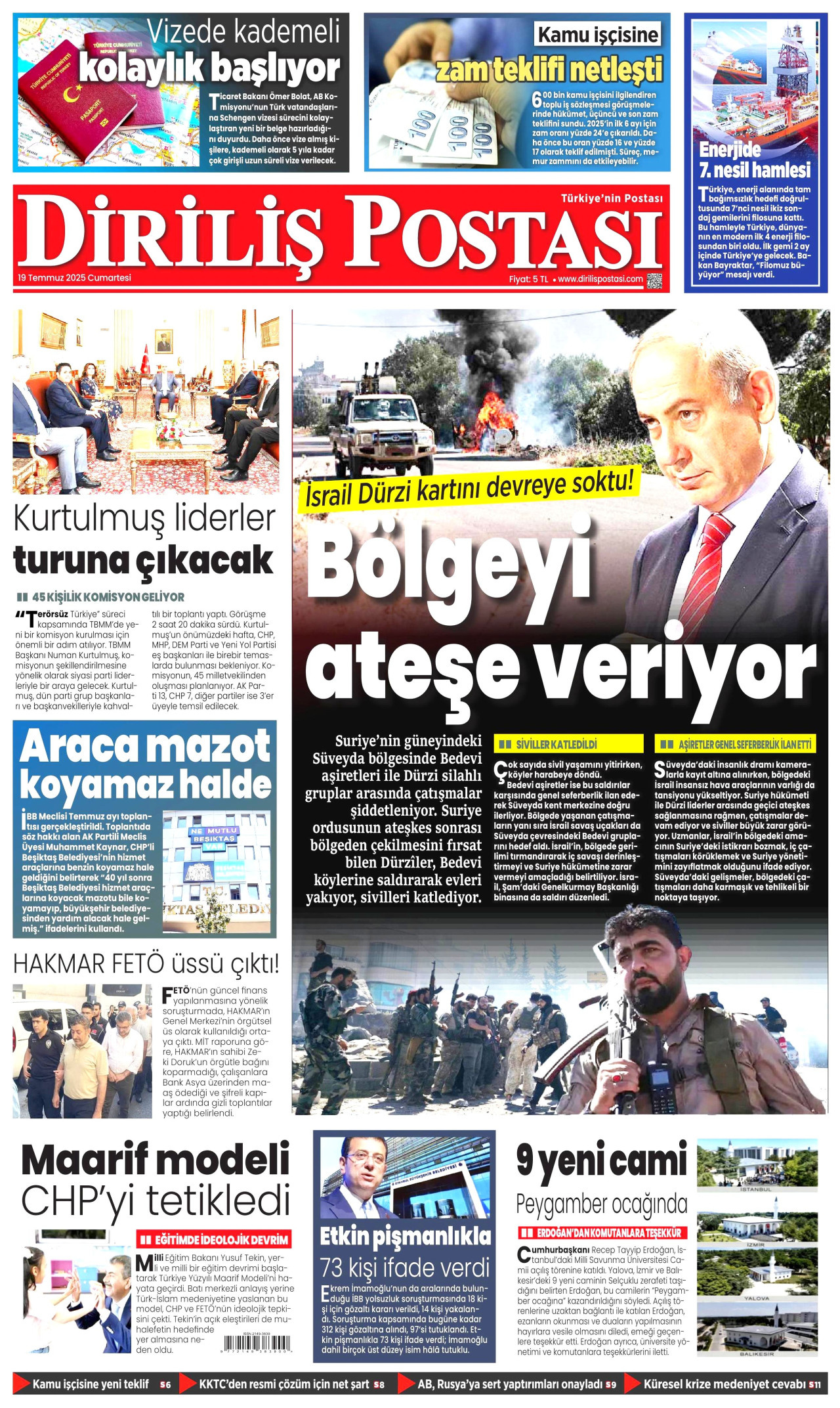 DİRİLİŞ POSTASI gazetesinin 19 Temmuz 2025 tarihli birinci sayfası