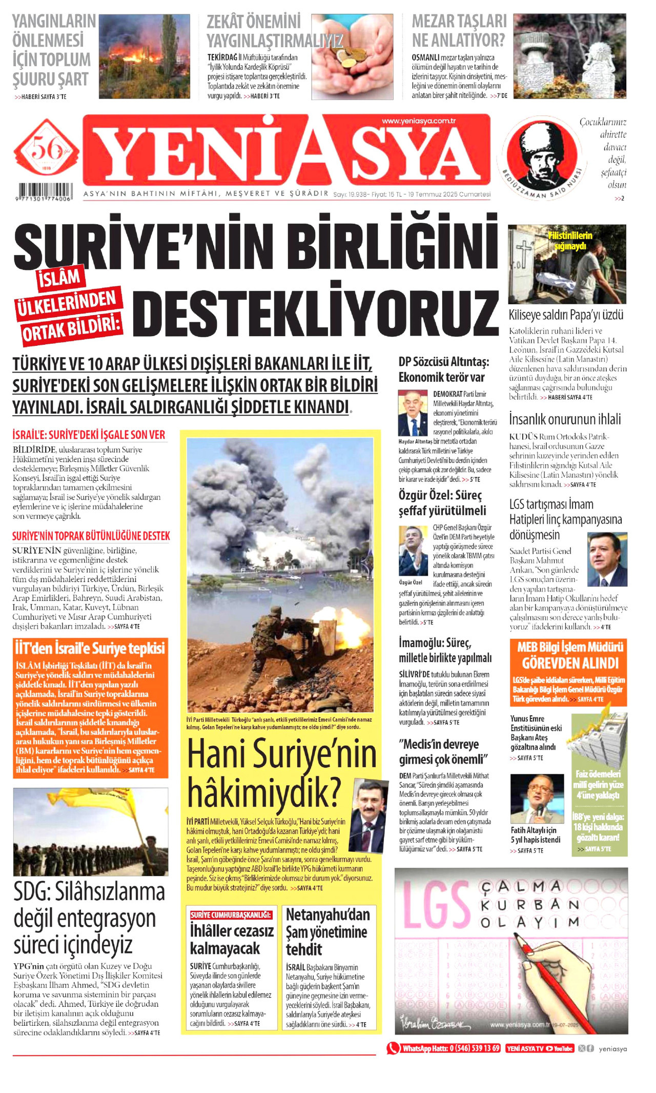YENİ ASYA gazetesinin 19 Temmuz 2025 tarihli birinci sayfası
