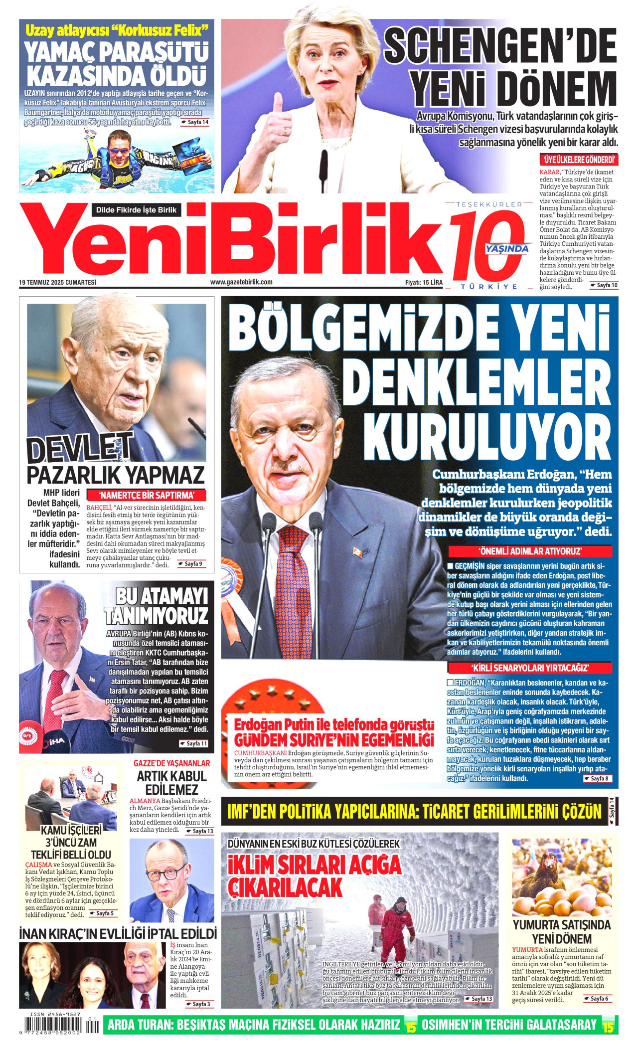 YENİBİRLİK gazetesinin 19 Temmuz 2025 tarihli birinci sayfası