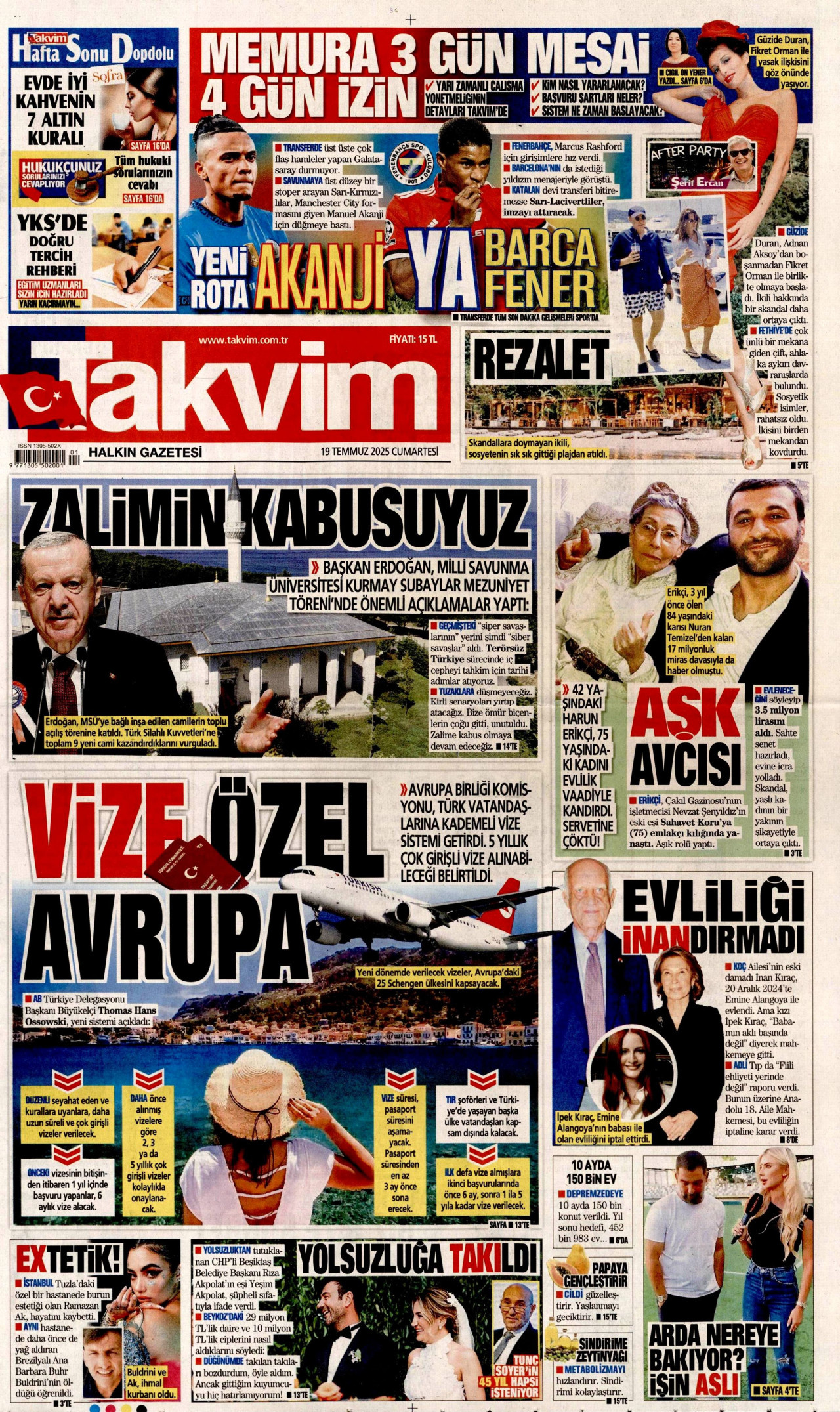 TAKVİM gazetesinin 19 Temmuz 2025 tarihli birinci sayfası