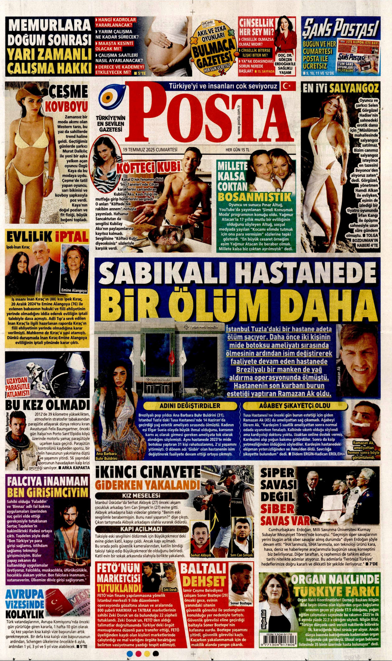 POSTA gazetesinin 19 Temmuz 2025 tarihli birinci sayfası