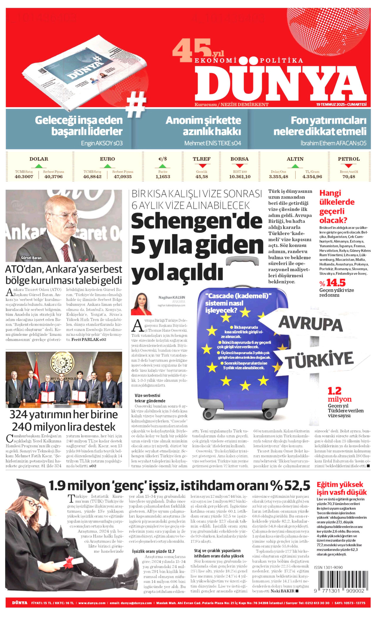 DÜNYA gazetesinin 19 Temmuz 2025 tarihli birinci sayfası