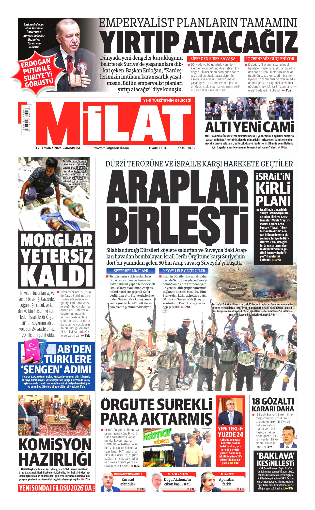 MİLAT gazetesinin 19 Temmuz 2025 tarihli birinci sayfası