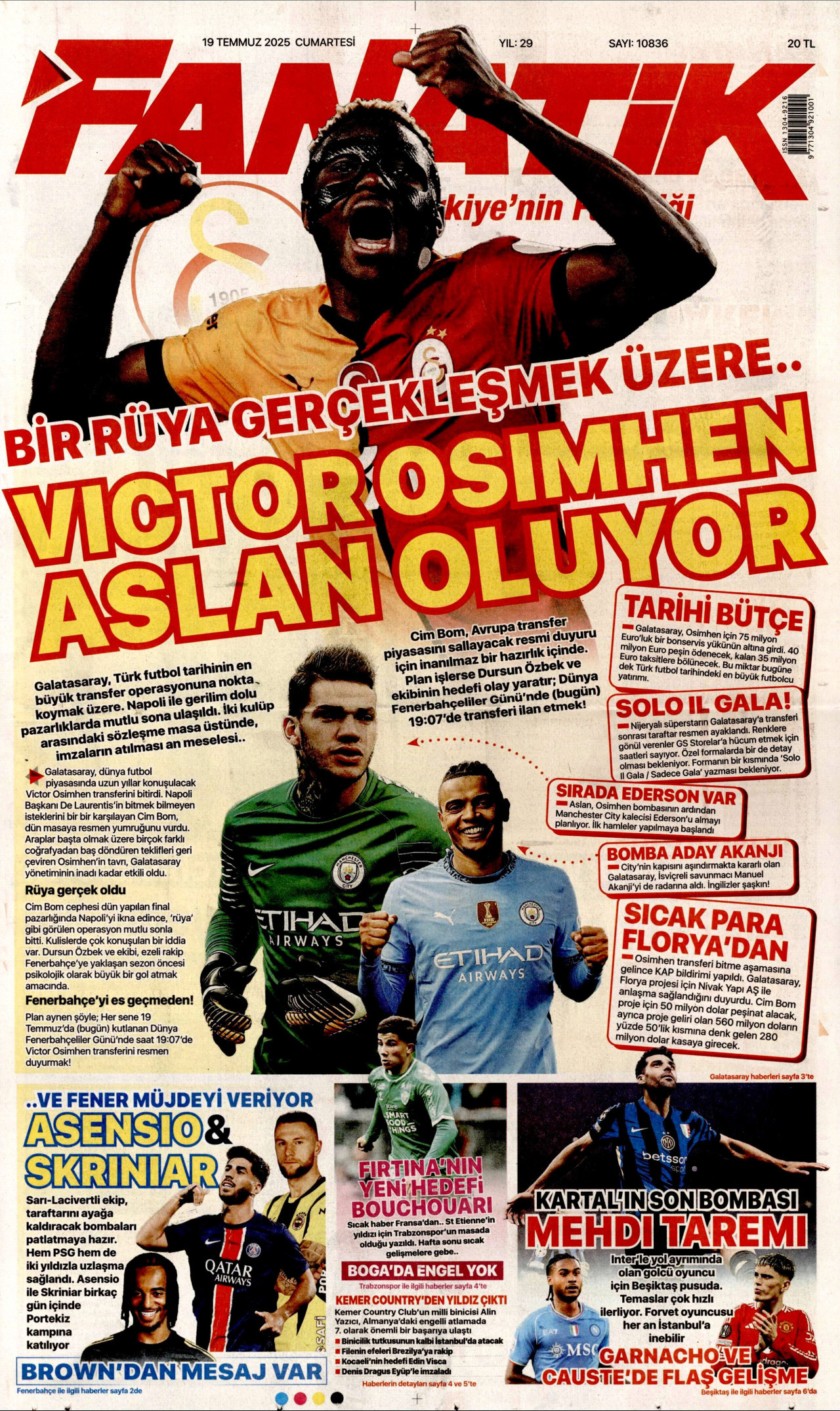 FANATİK gazetesinin 19 Temmuz 2025 tarihli birinci sayfası