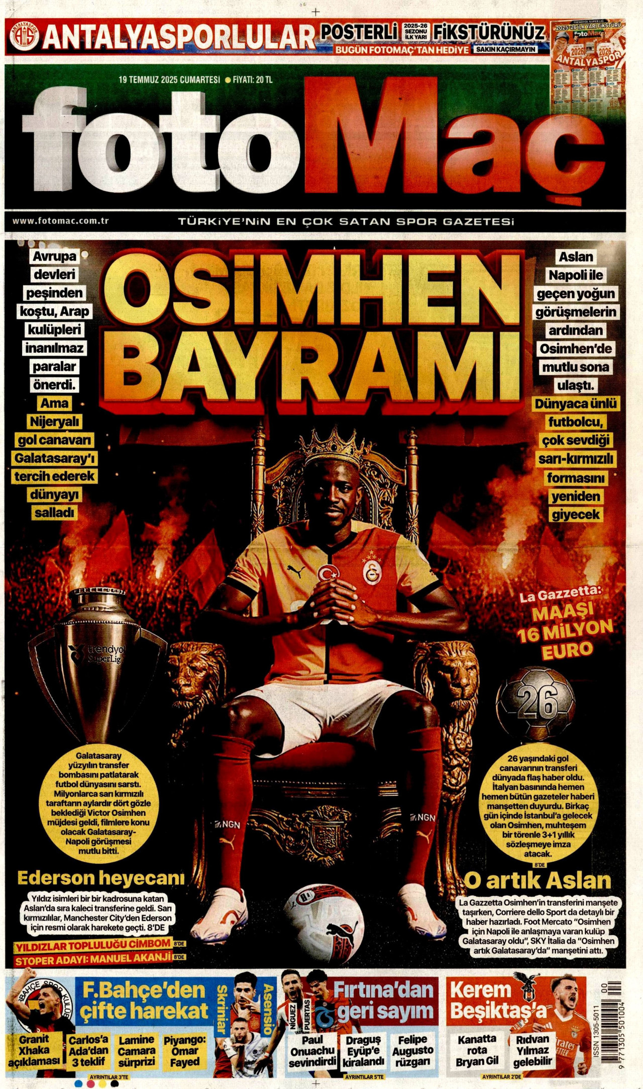 FOTOMAÇ gazetesinin 19 Temmuz 2025 tarihli birinci sayfası