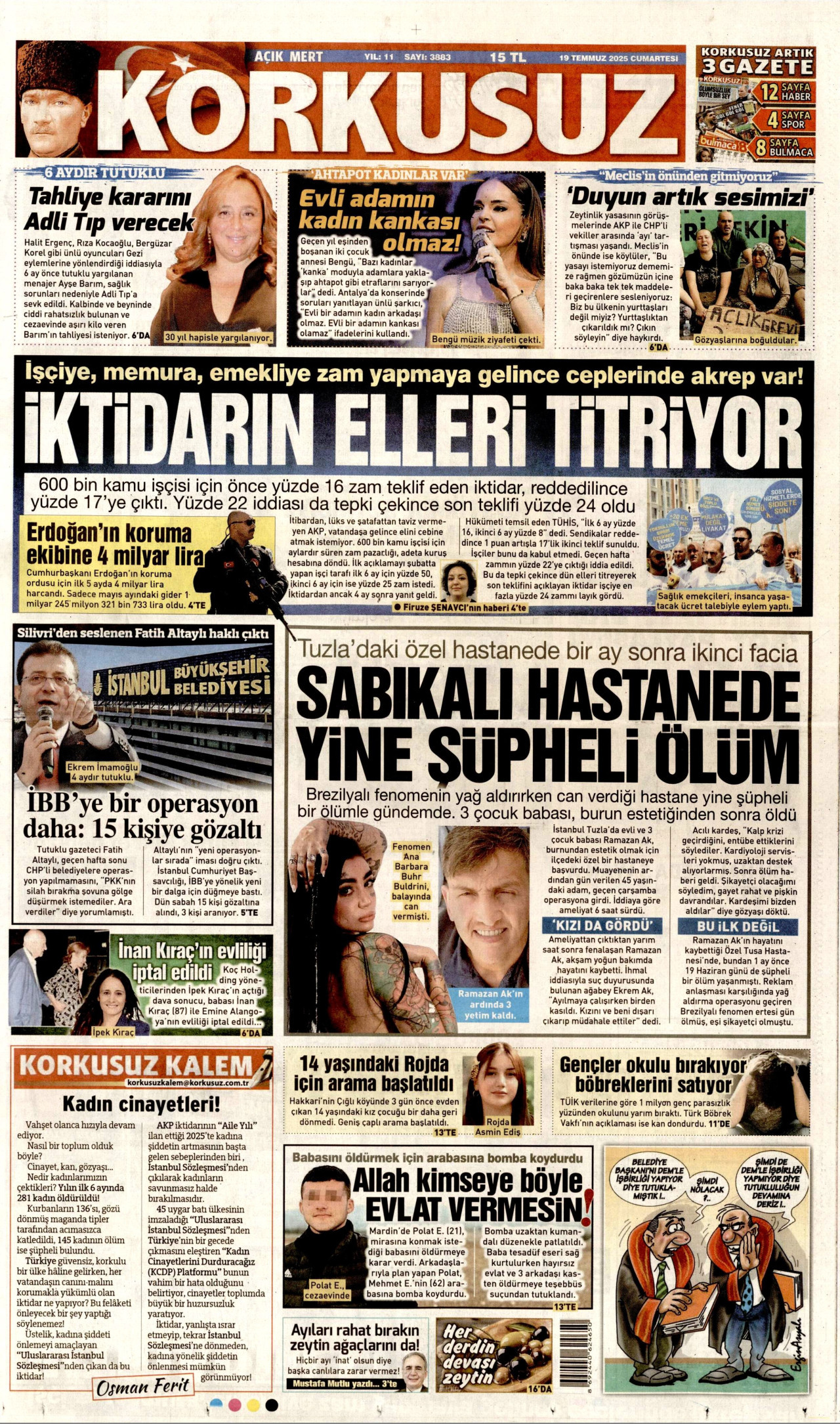 KORKUSUZ gazetesinin 19 Temmuz 2025 tarihli birinci sayfası