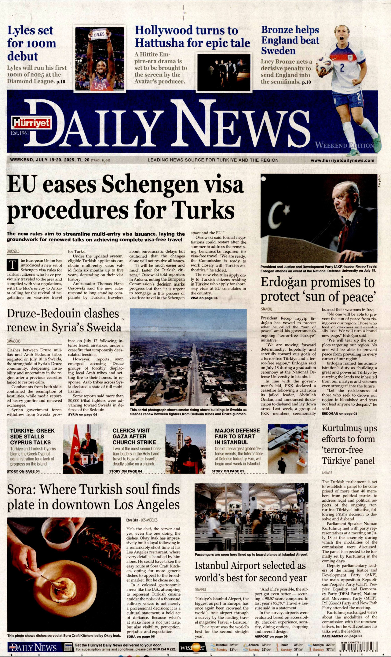 HÜRRİYET DAİLY NEWS gazetesinin 19 Temmuz 2025 tarihli birinci sayfası