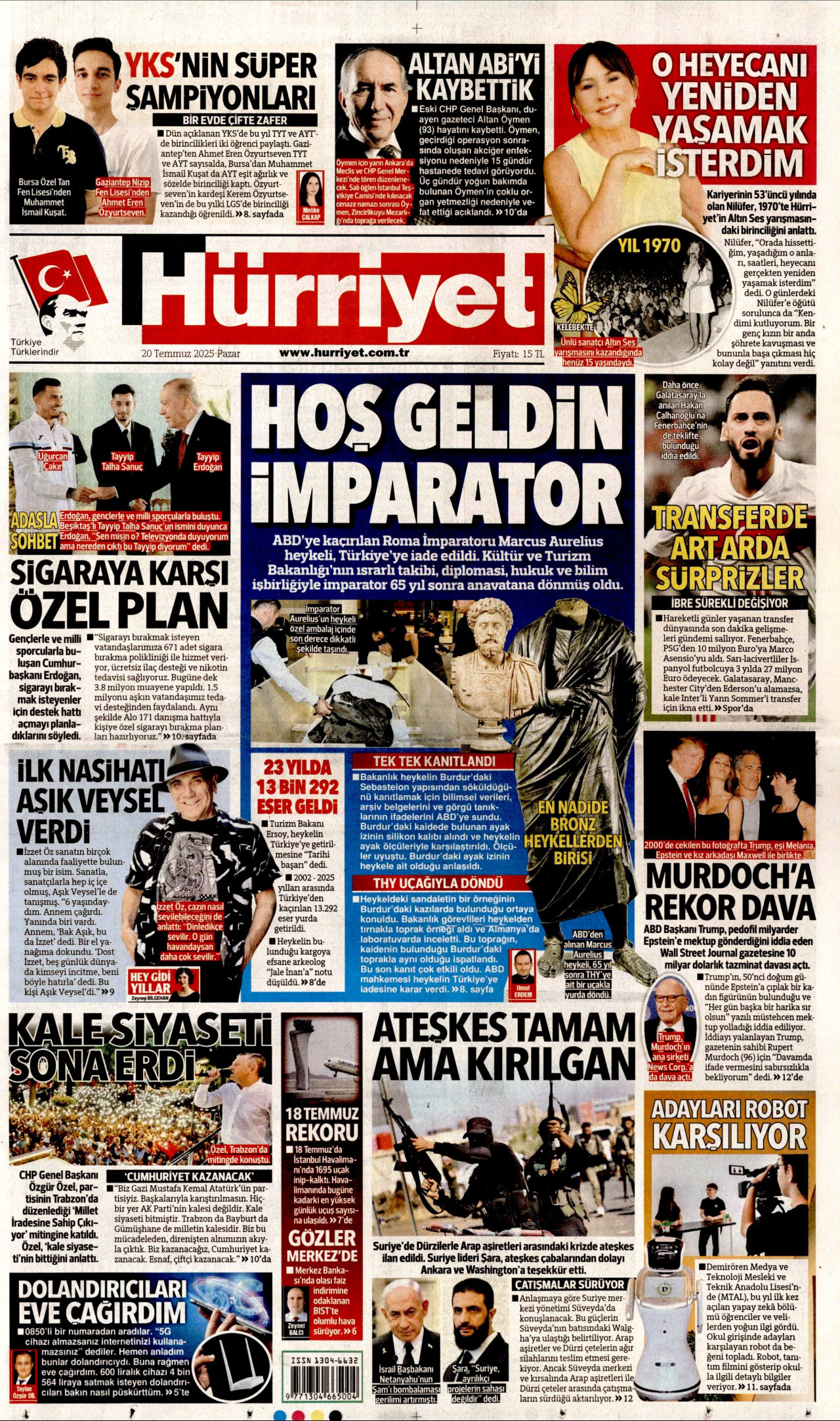 HÜRRİYET gazetesinin 20 Temmuz 2025 tarihli birinci sayfası