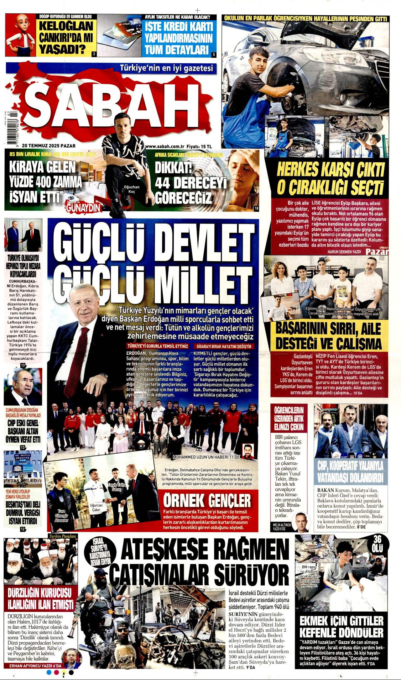 SABAH gazetesinin 20 Temmuz 2025 tarihli birinci sayfası