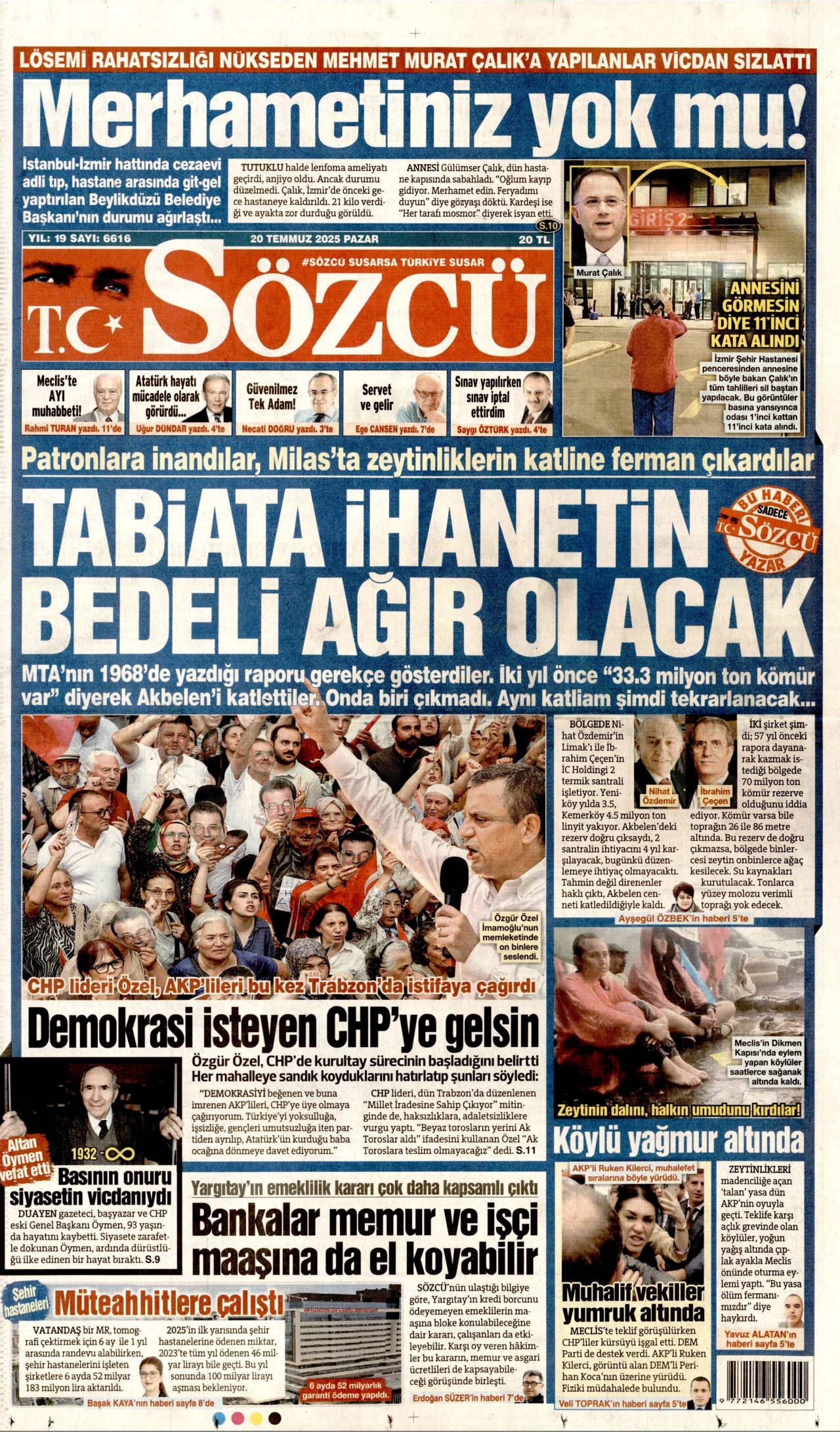 SÖZCÜ gazetesinin 20 Temmuz 2025 tarihli birinci sayfası