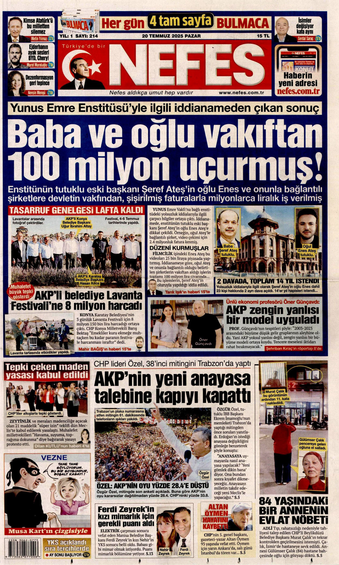 NEFES gazetesinin 20 Temmuz 2025 tarihli birinci sayfası