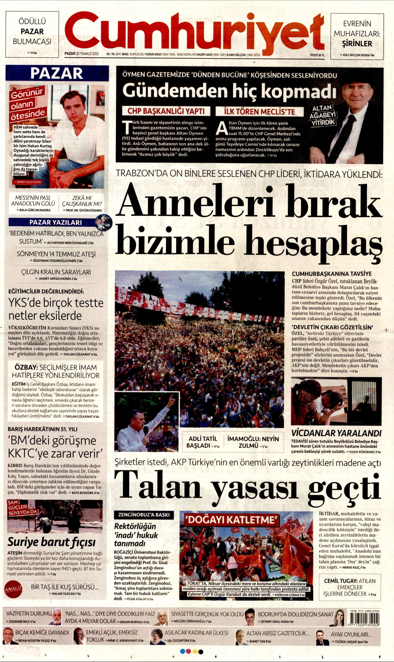 CUMHURİYET gazetesinin 20 Temmuz 2025 tarihli birinci sayfası