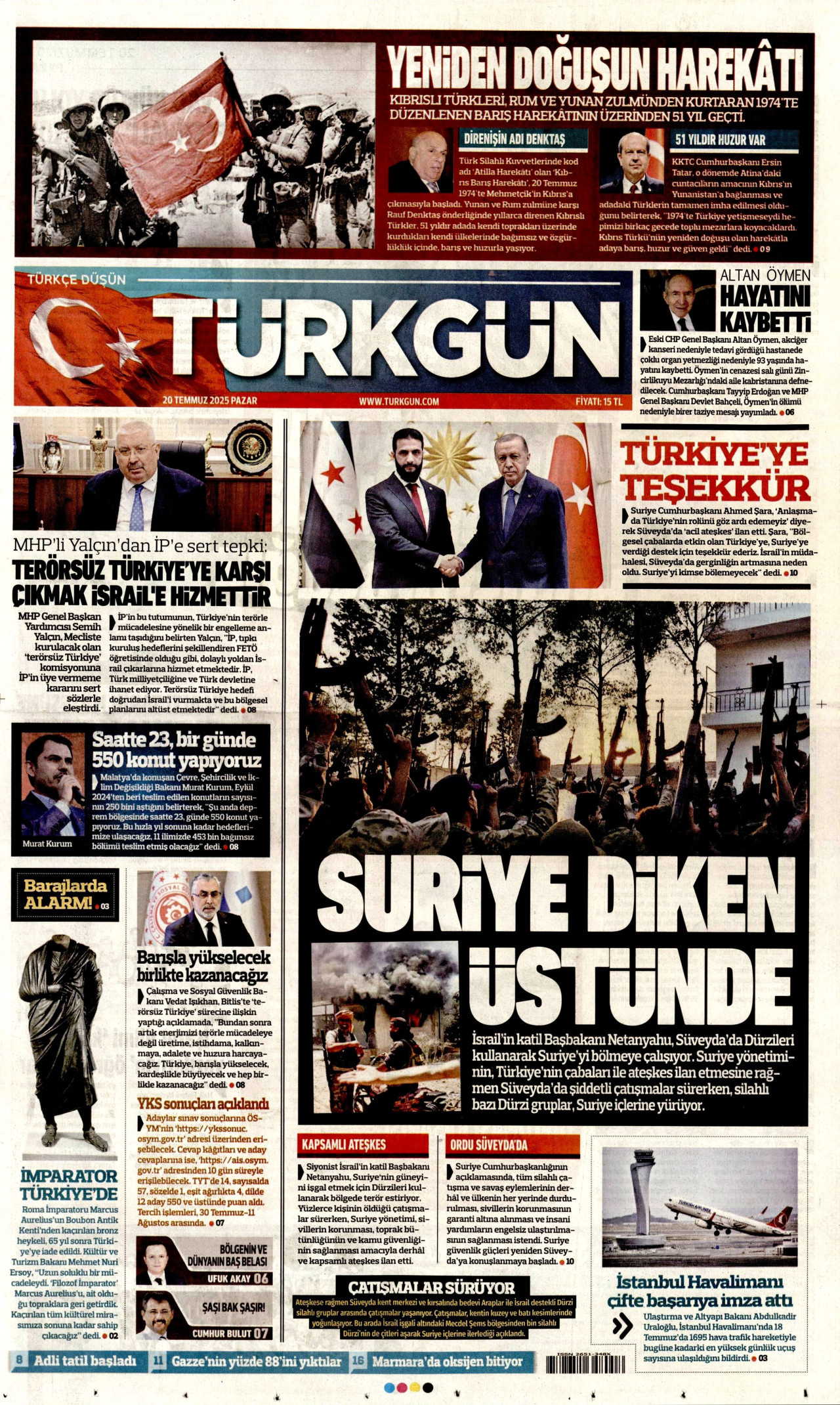 TÜRKGÜN gazetesinin 20 Temmuz 2025 tarihli birinci sayfası