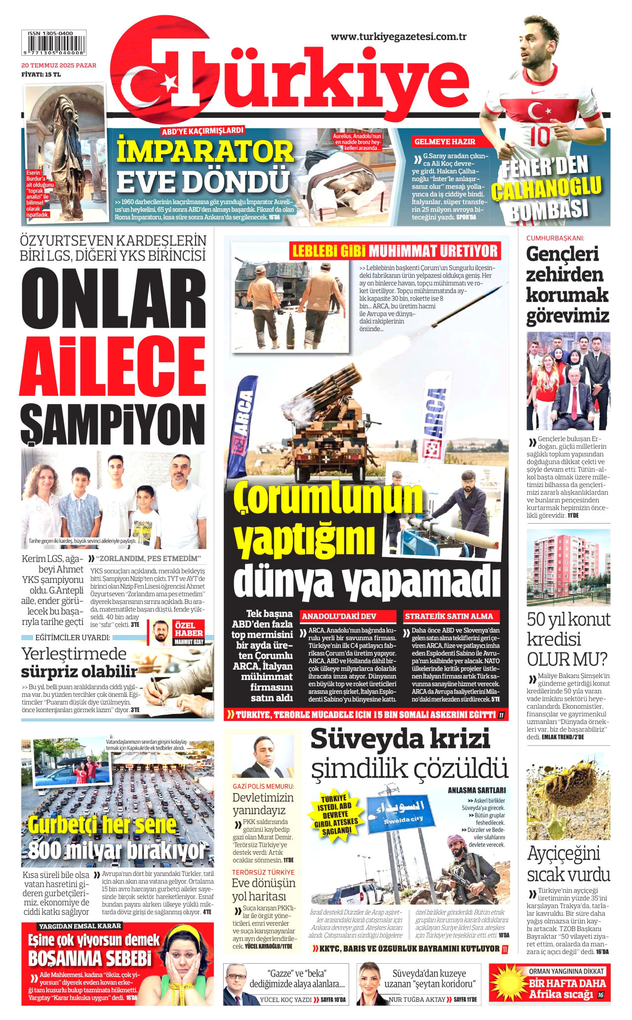 TÜRKİYE GAZETESİ gazetesinin 20 Temmuz 2025 tarihli birinci sayfası