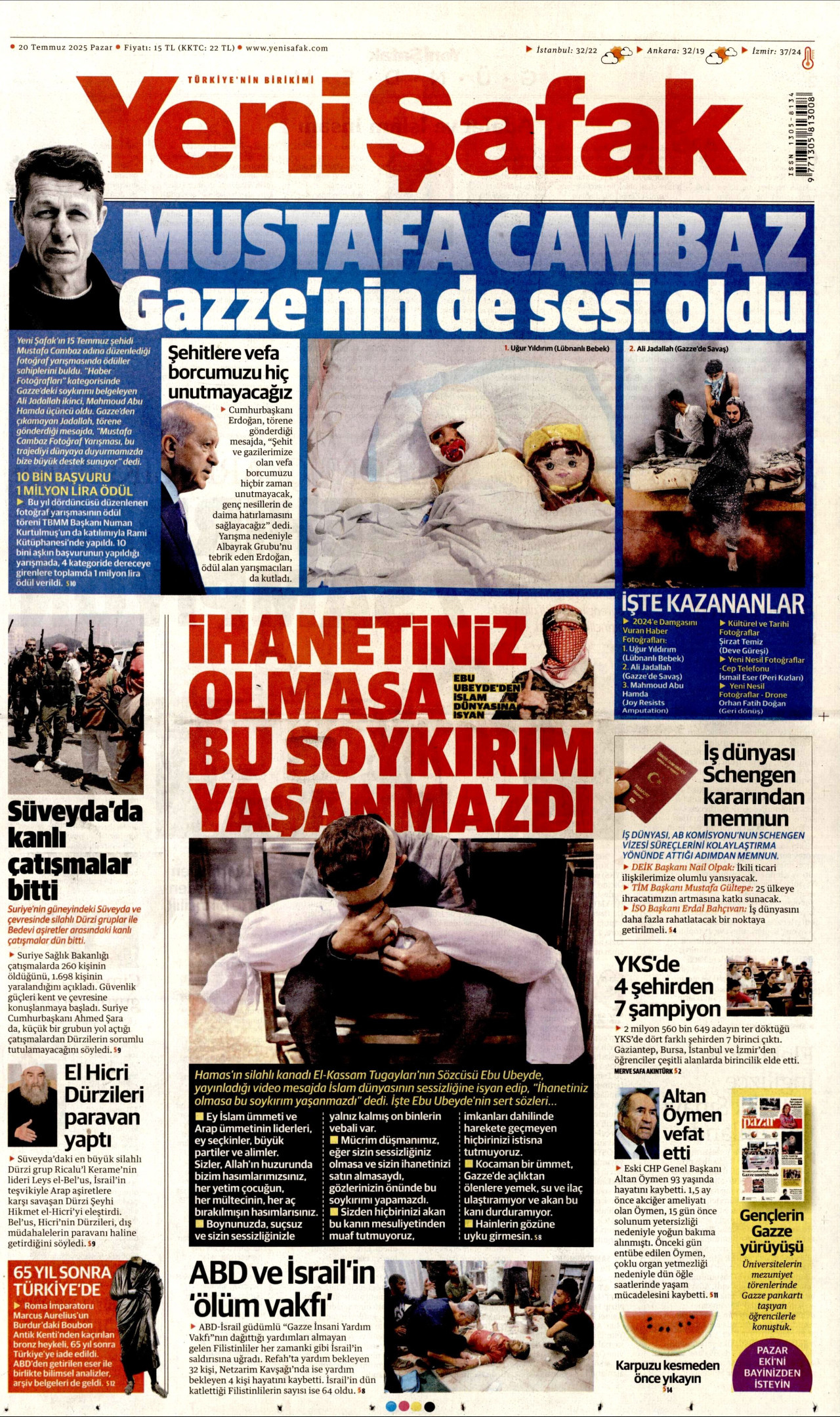 YENİ ŞAFAK gazetesinin 20 Temmuz 2025 tarihli birinci sayfası