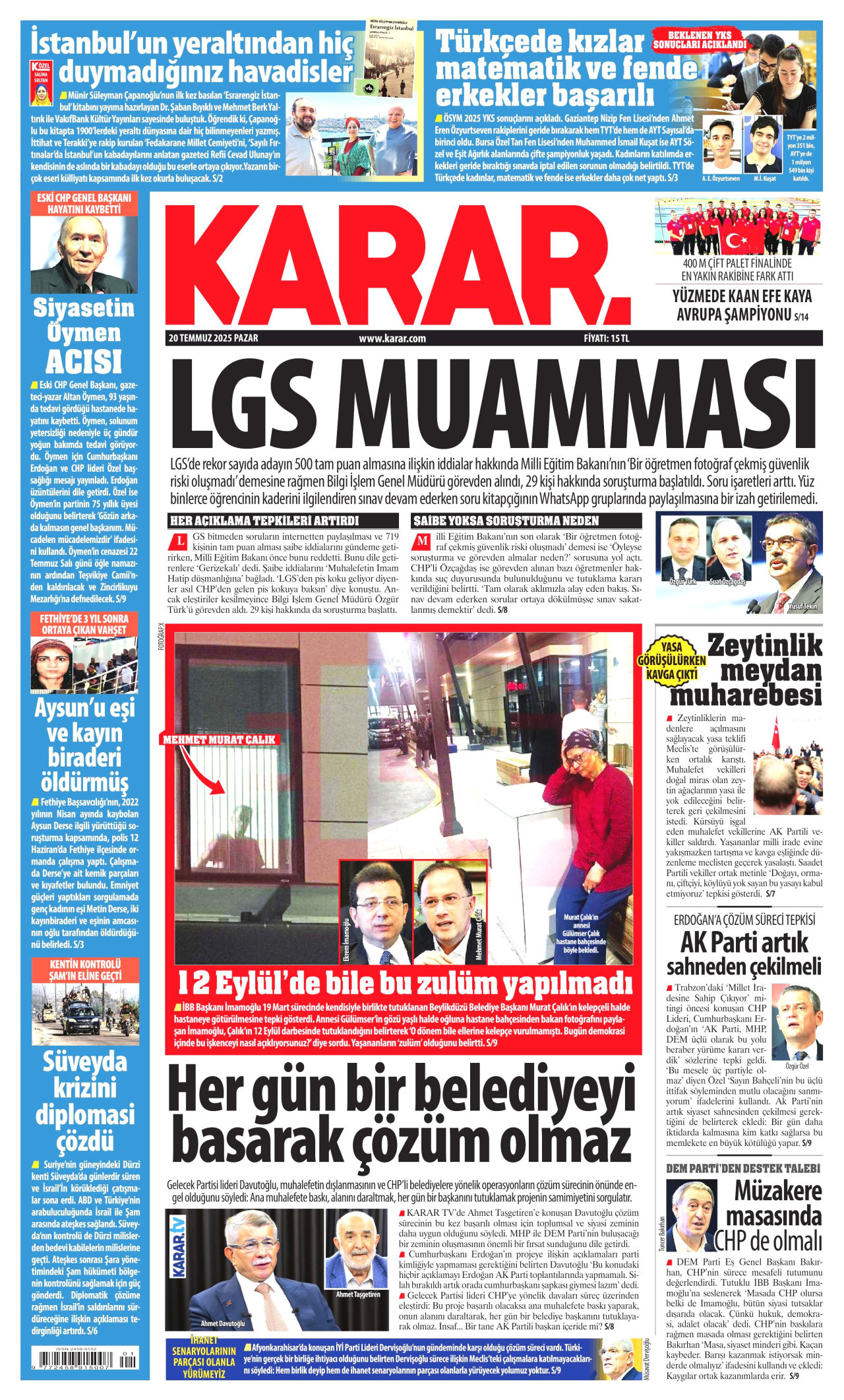 KARAR gazetesinin 20 Temmuz 2025 tarihli birinci sayfası