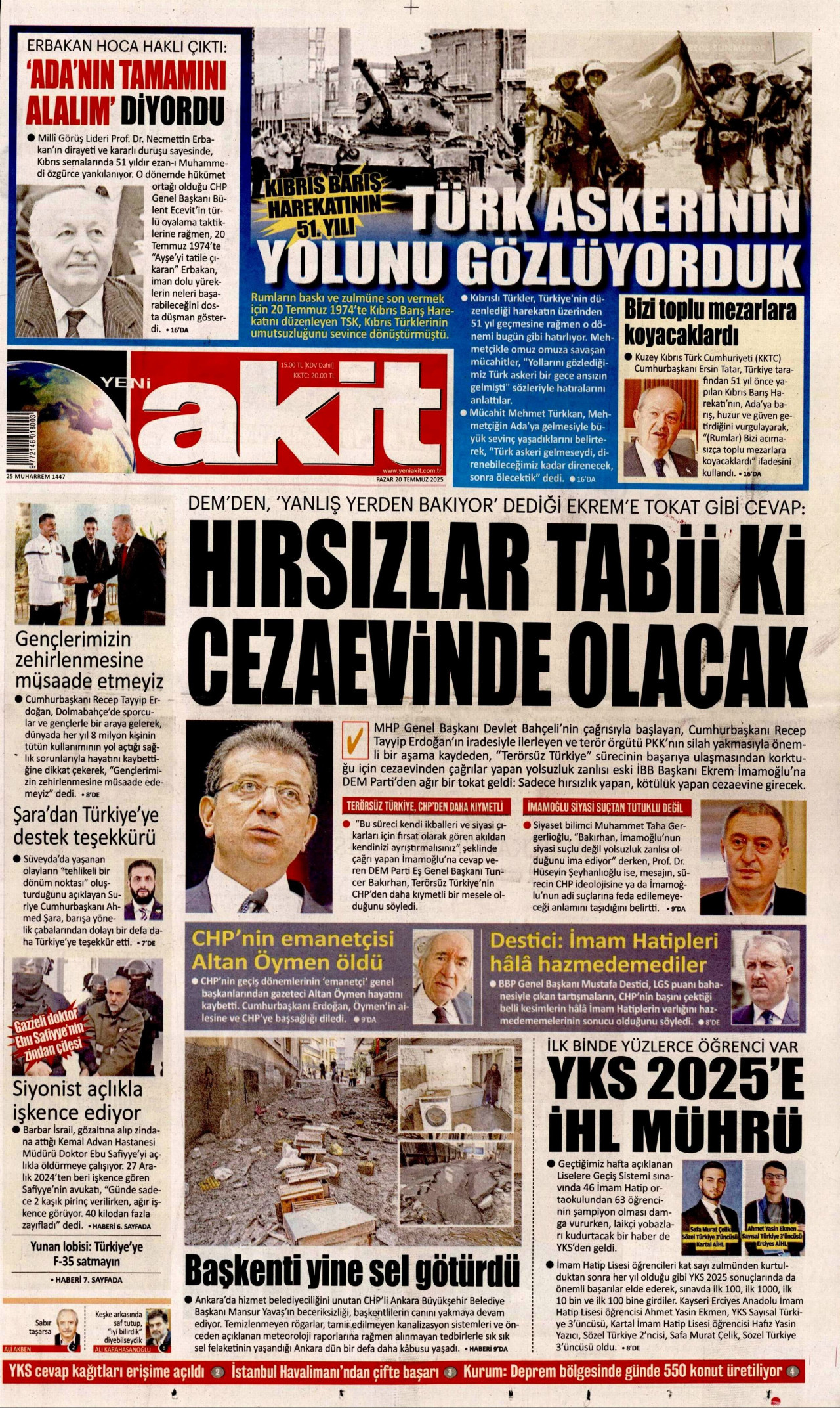 YENİ AKİT gazetesinin 20 Temmuz 2025 tarihli birinci sayfası