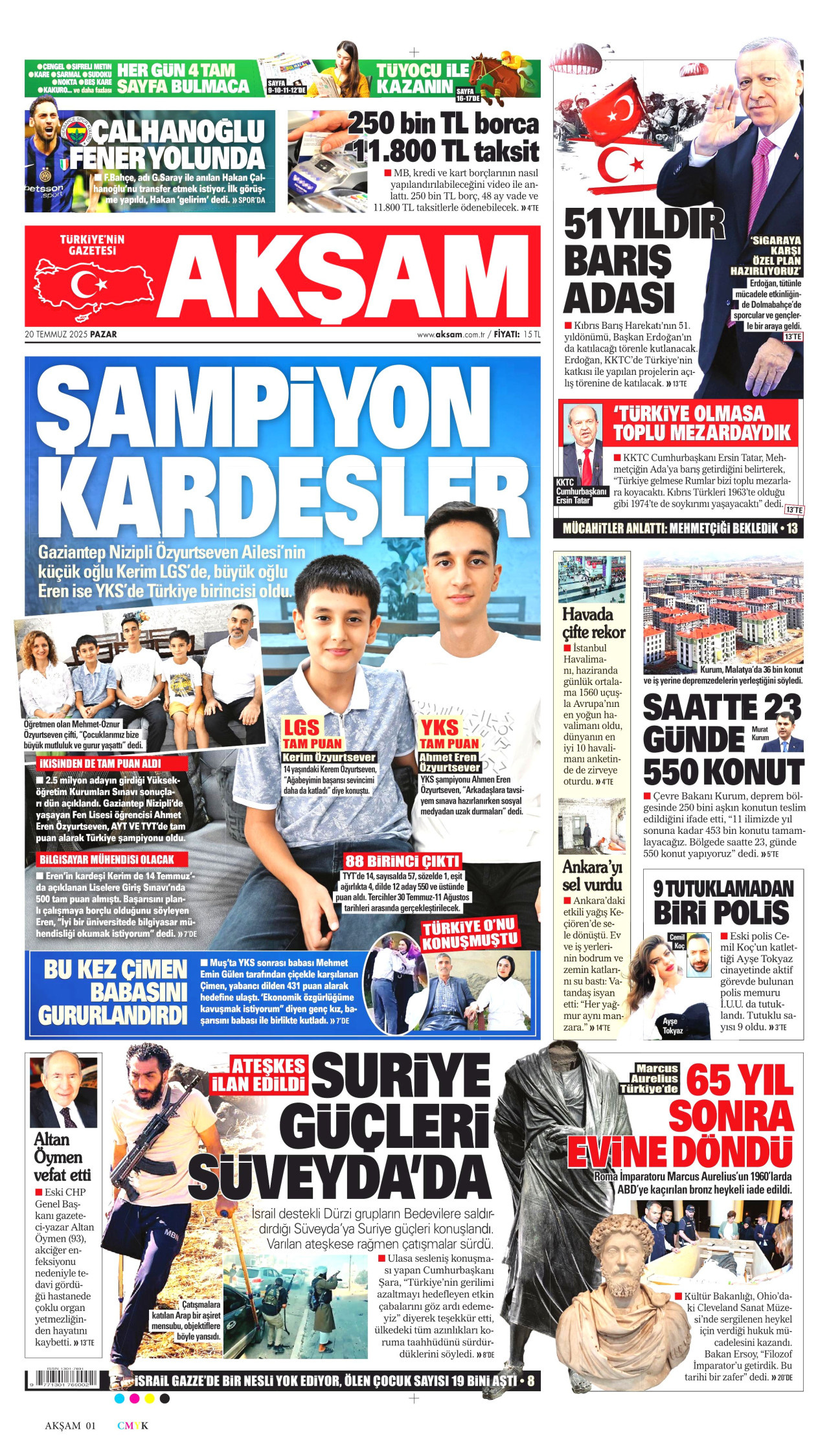 AKŞAM gazetesinin 20 Temmuz 2025 tarihli birinci sayfası