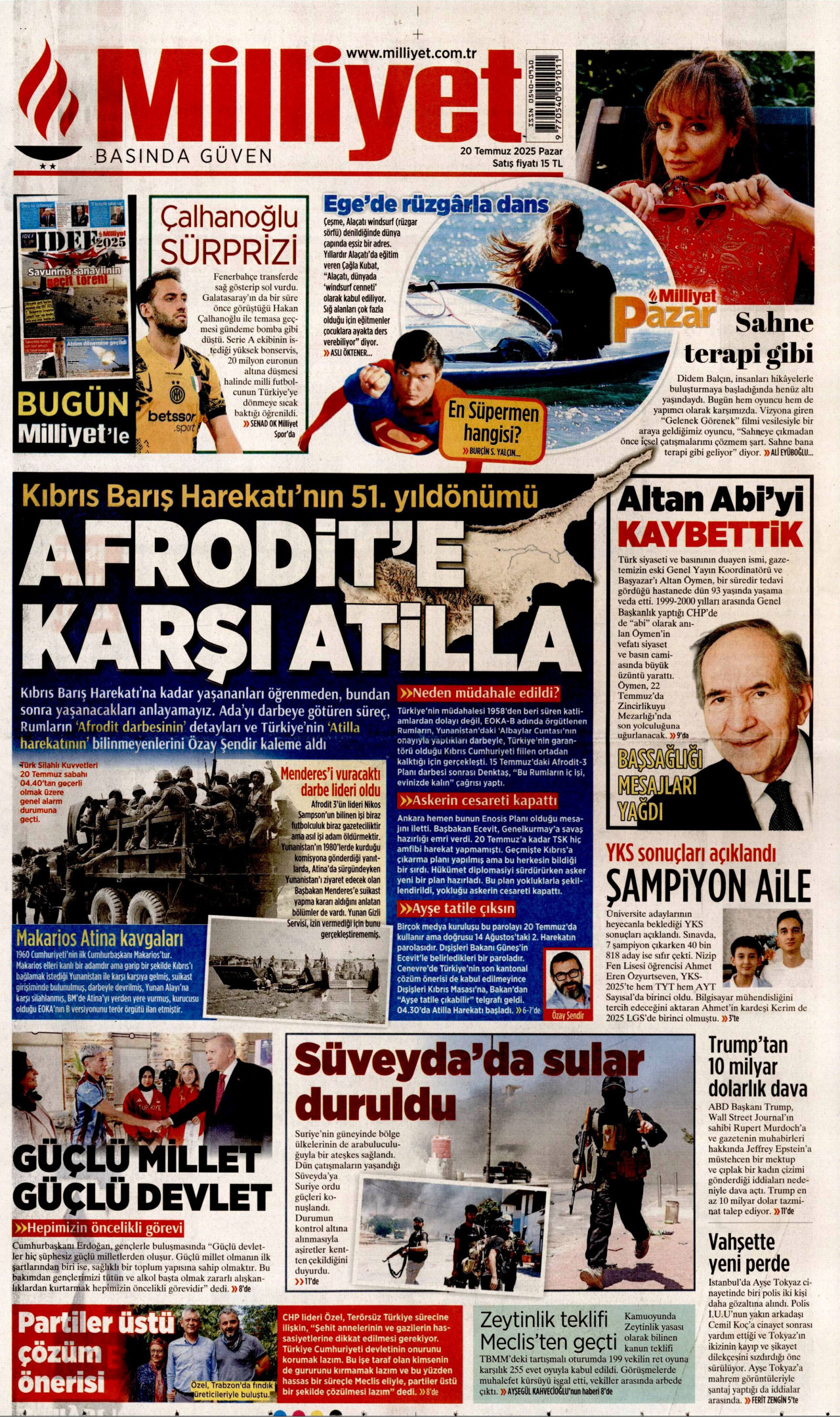 MİLLİYET gazetesinin 20 Temmuz 2025 tarihli birinci sayfası