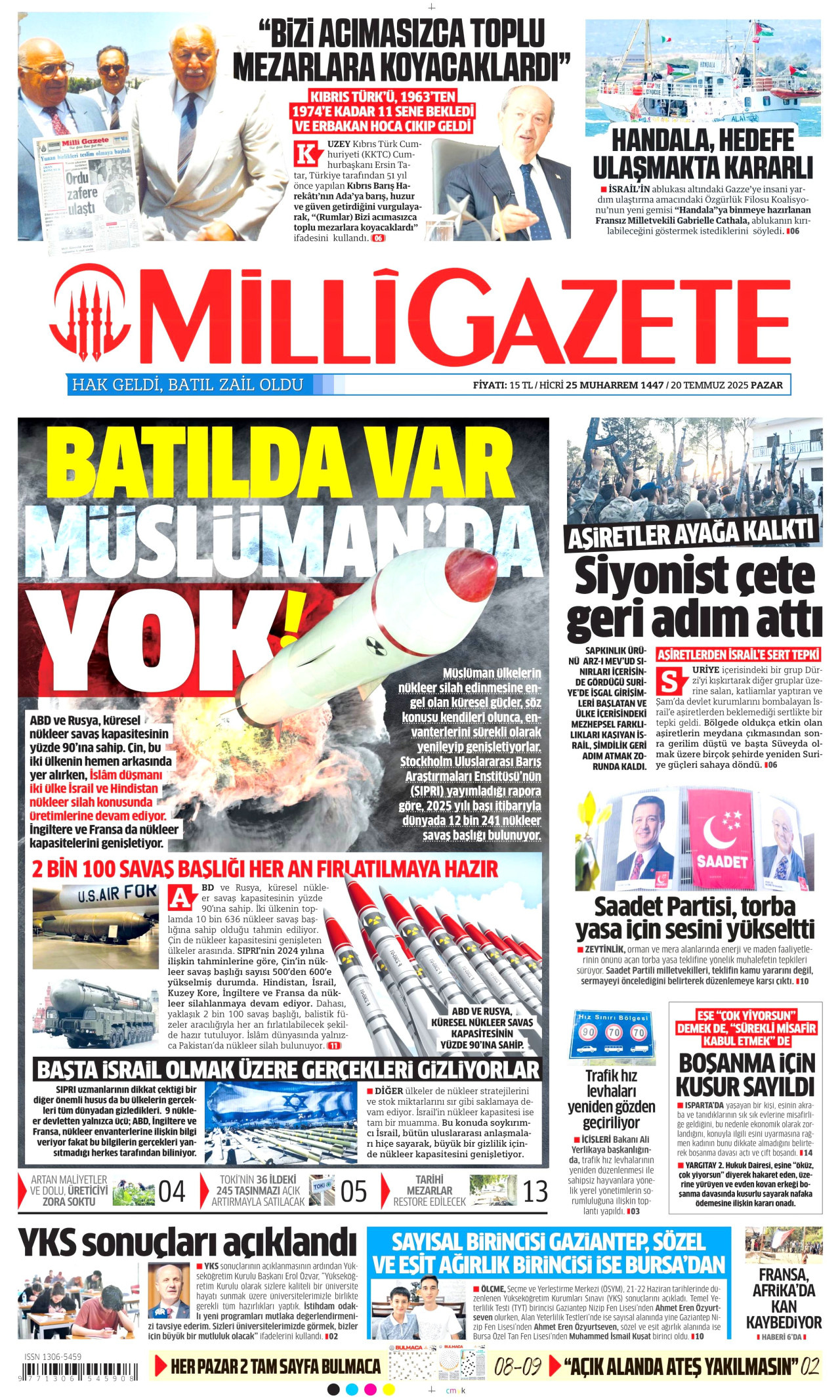 MİLLİ GAZETE gazetesinin 20 Temmuz 2025 tarihli birinci sayfası
