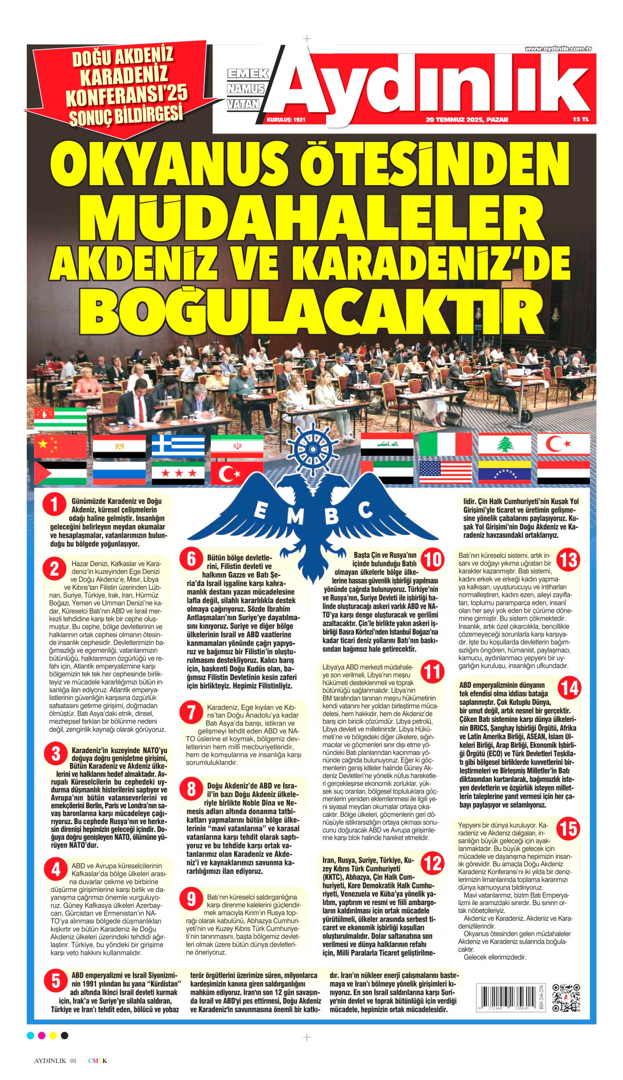 AYDINLIK GAZETESİ gazetesinin 20 Temmuz 2025 tarihli birinci sayfası
