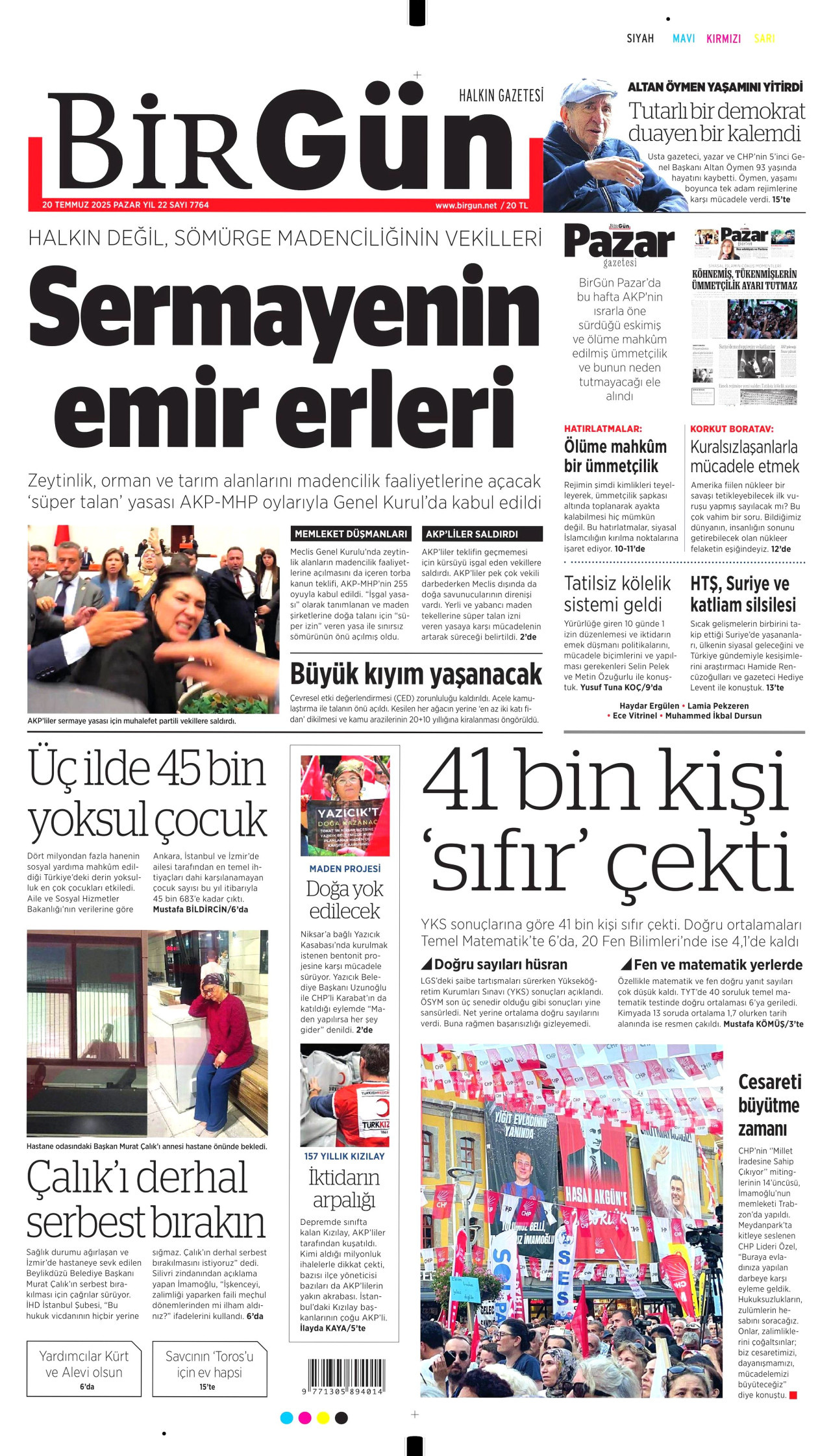 BİRGÜN gazetesinin 20 Temmuz 2025 tarihli birinci sayfası