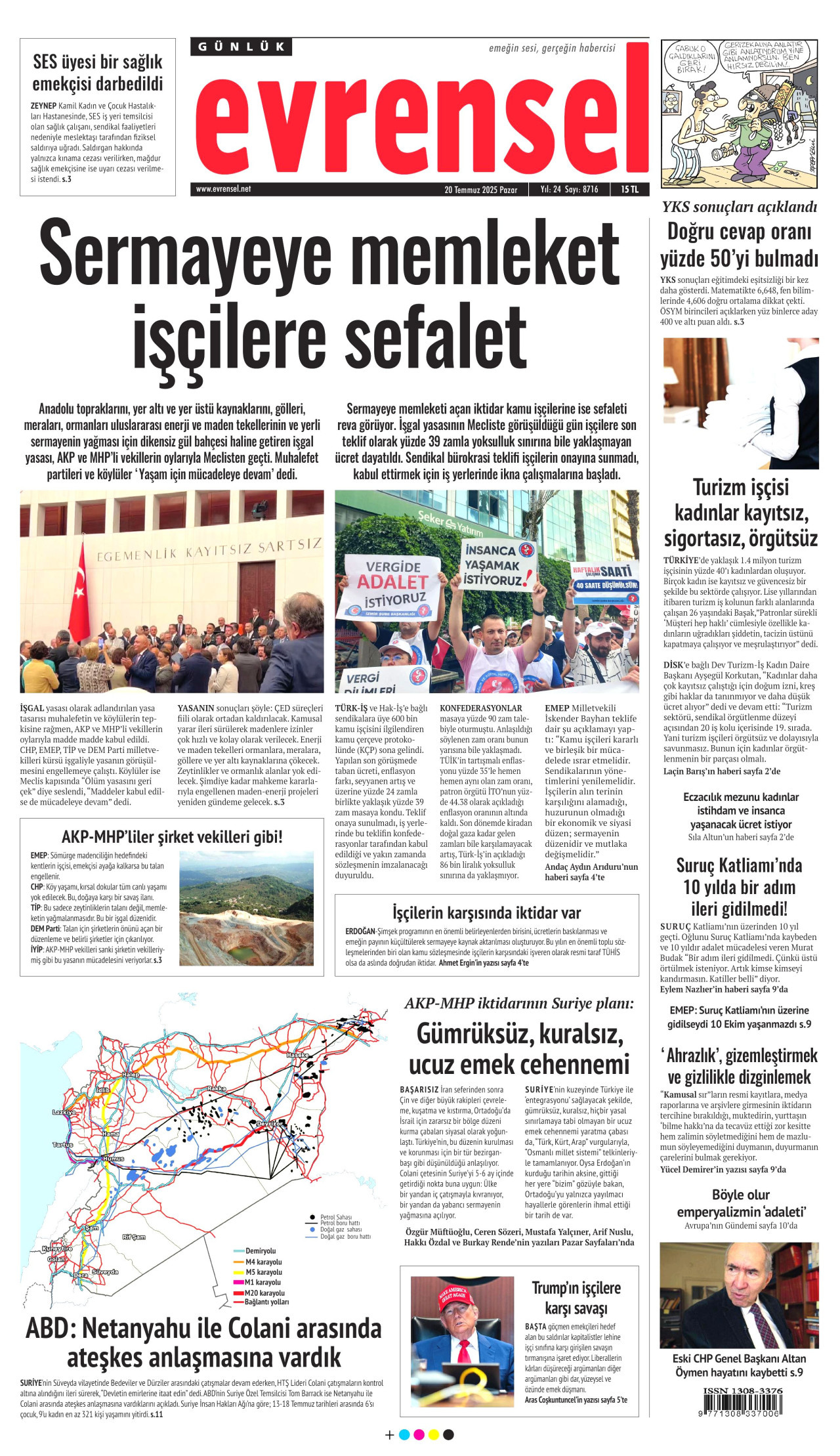 EVRENSEL gazetesinin 20 Temmuz 2025 tarihli birinci sayfası