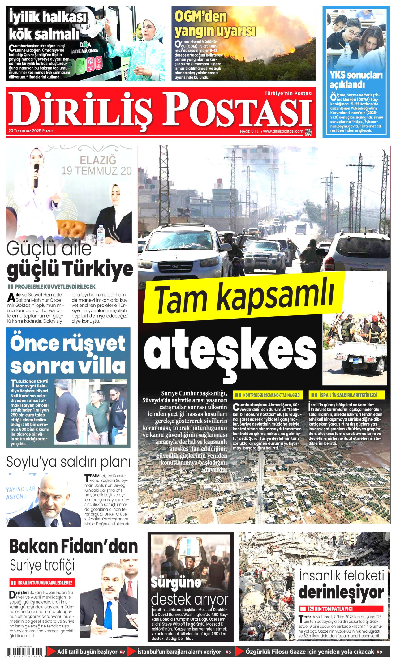 DİRİLİŞ POSTASI gazetesinin 20 Temmuz 2025 tarihli birinci sayfası