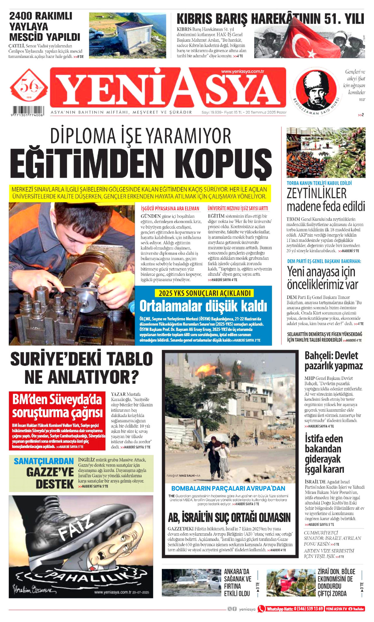 YENİ ASYA gazetesinin 20 Temmuz 2025 tarihli birinci sayfası