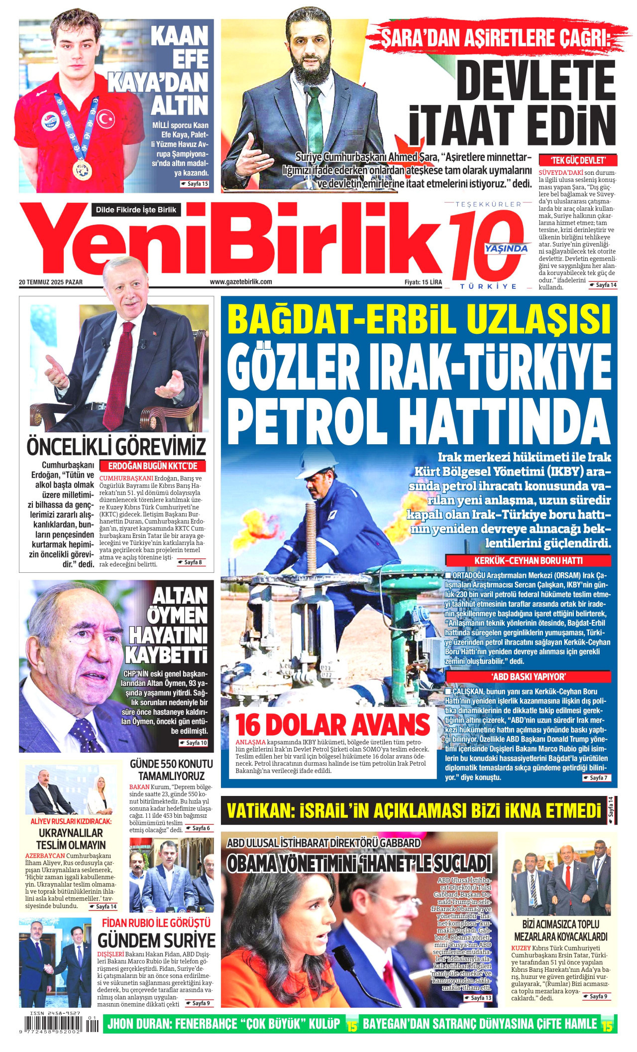 YENİBİRLİK gazetesinin 20 Temmuz 2025 tarihli birinci sayfası
