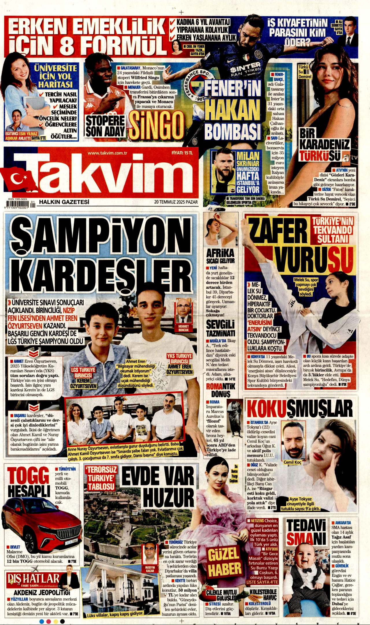 TAKVİM gazetesinin 20 Temmuz 2025 tarihli birinci sayfası