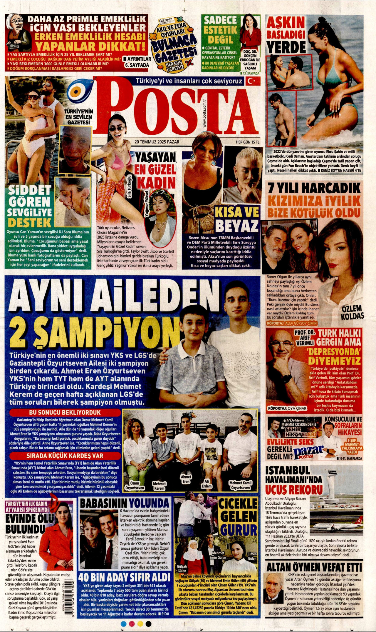 POSTA gazetesinin 20 Temmuz 2025 tarihli birinci sayfası