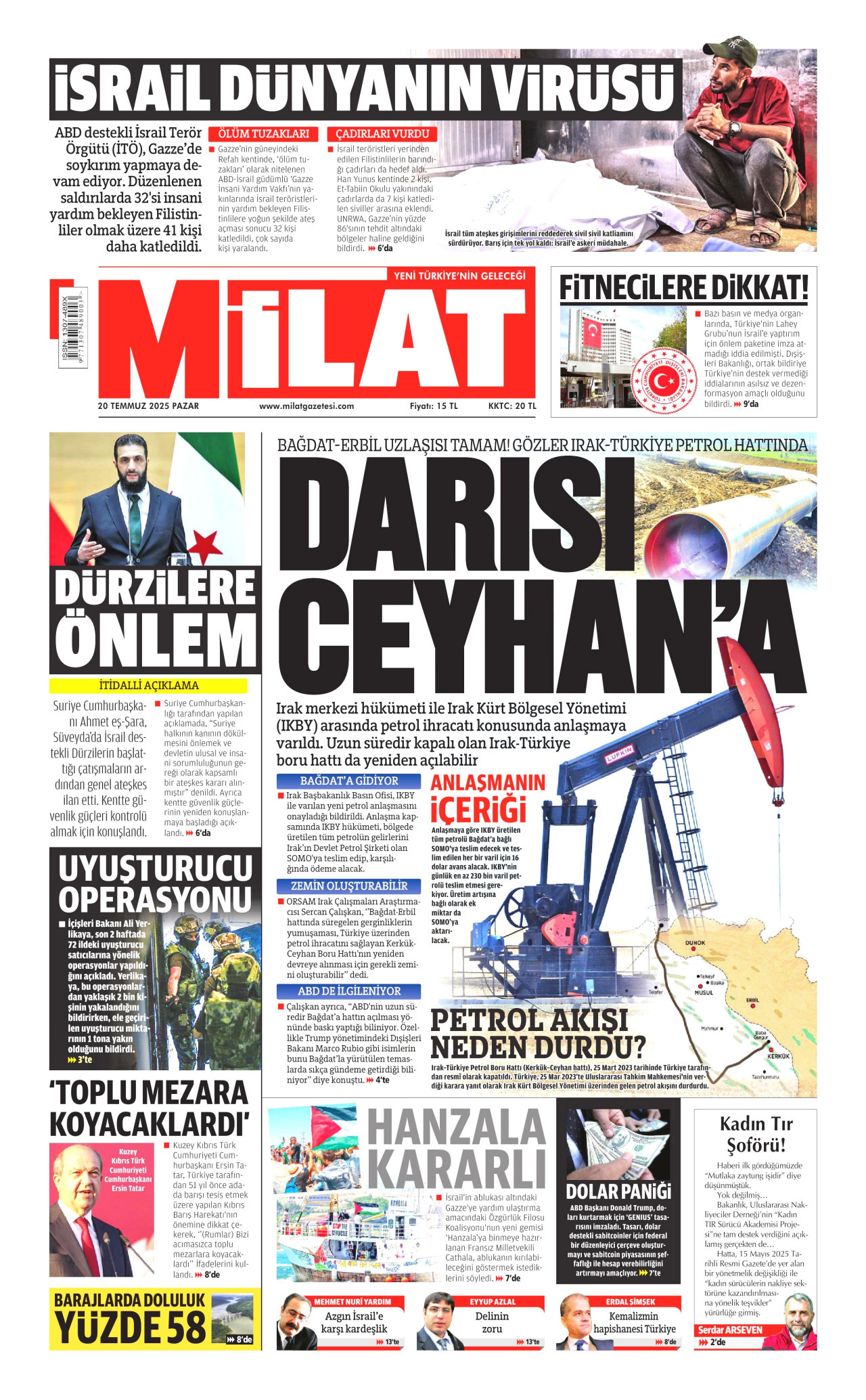 MİLAT gazetesinin 20 Temmuz 2025 tarihli birinci sayfası