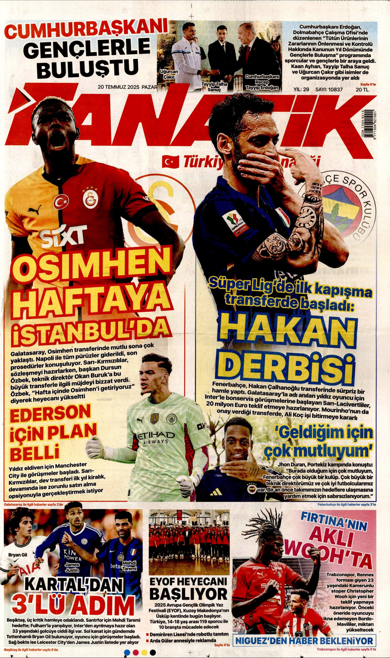 FANATİK gazetesinin 20 Temmuz 2025 tarihli birinci sayfası