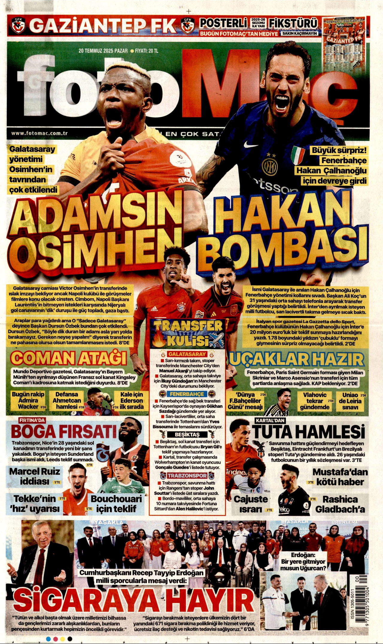 FOTOMAÇ gazetesinin 20 Temmuz 2025 tarihli birinci sayfası