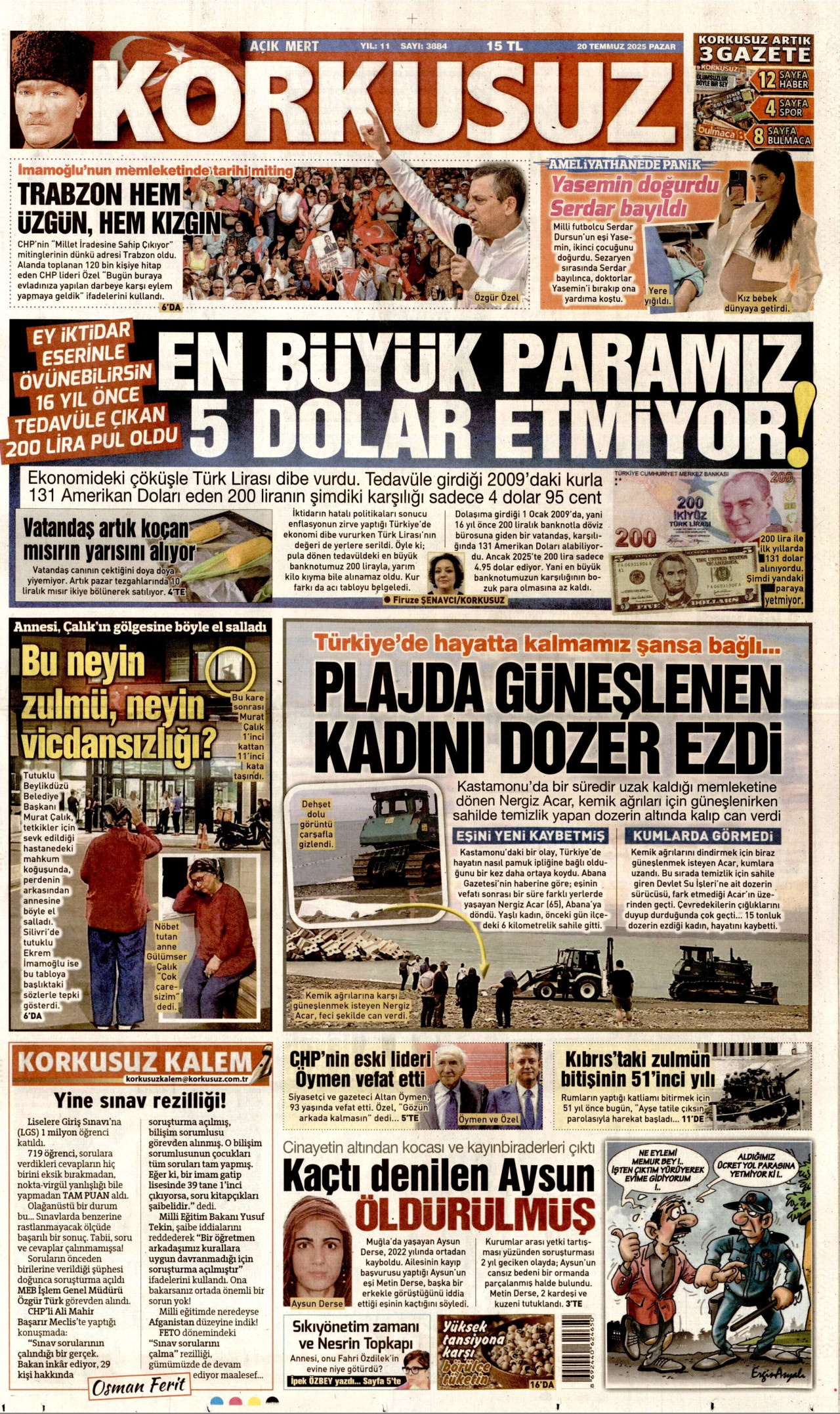 KORKUSUZ gazetesinin 20 Temmuz 2025 tarihli birinci sayfası