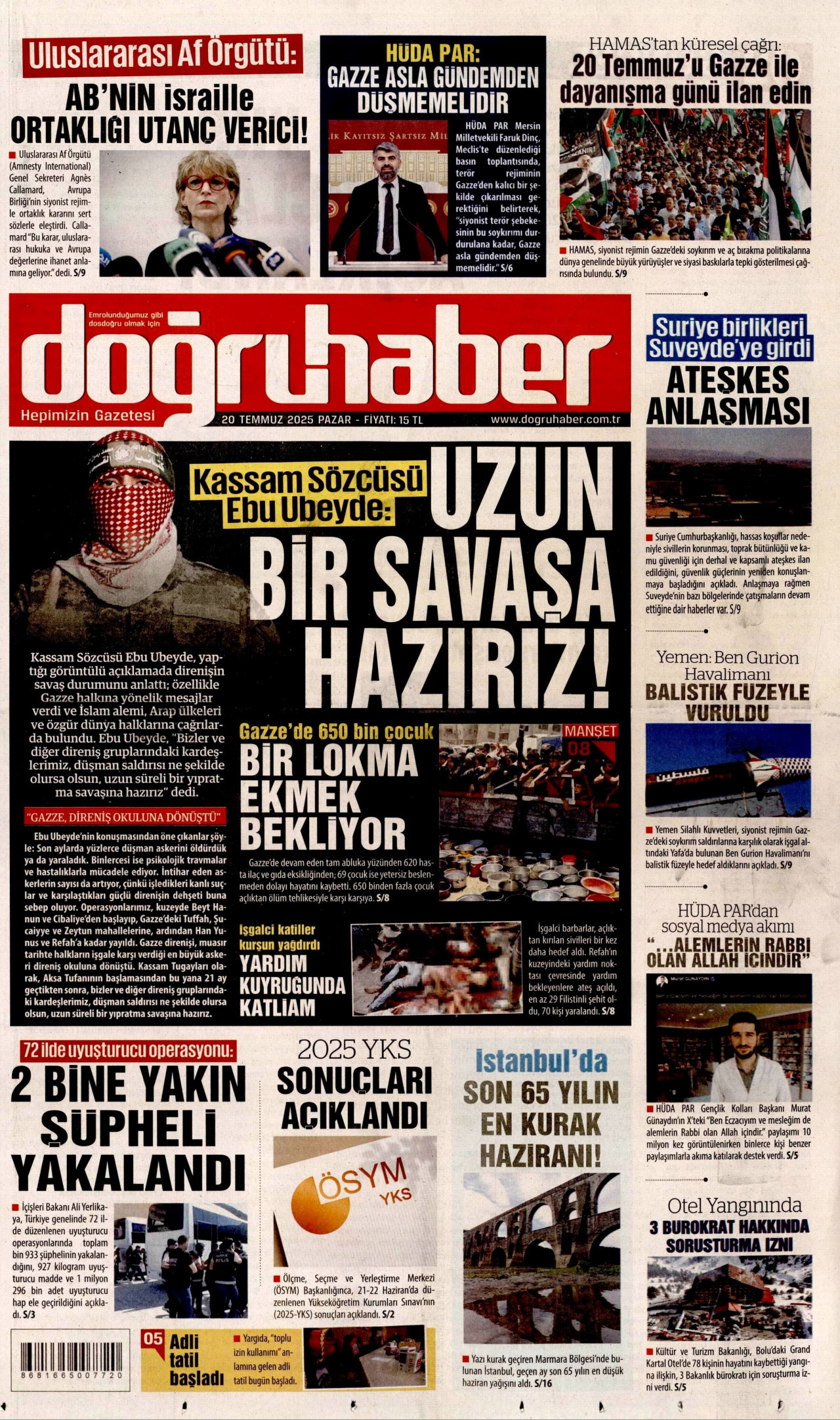 DOĞRU HABER gazetesinin 20 Temmuz 2025 tarihli birinci sayfası