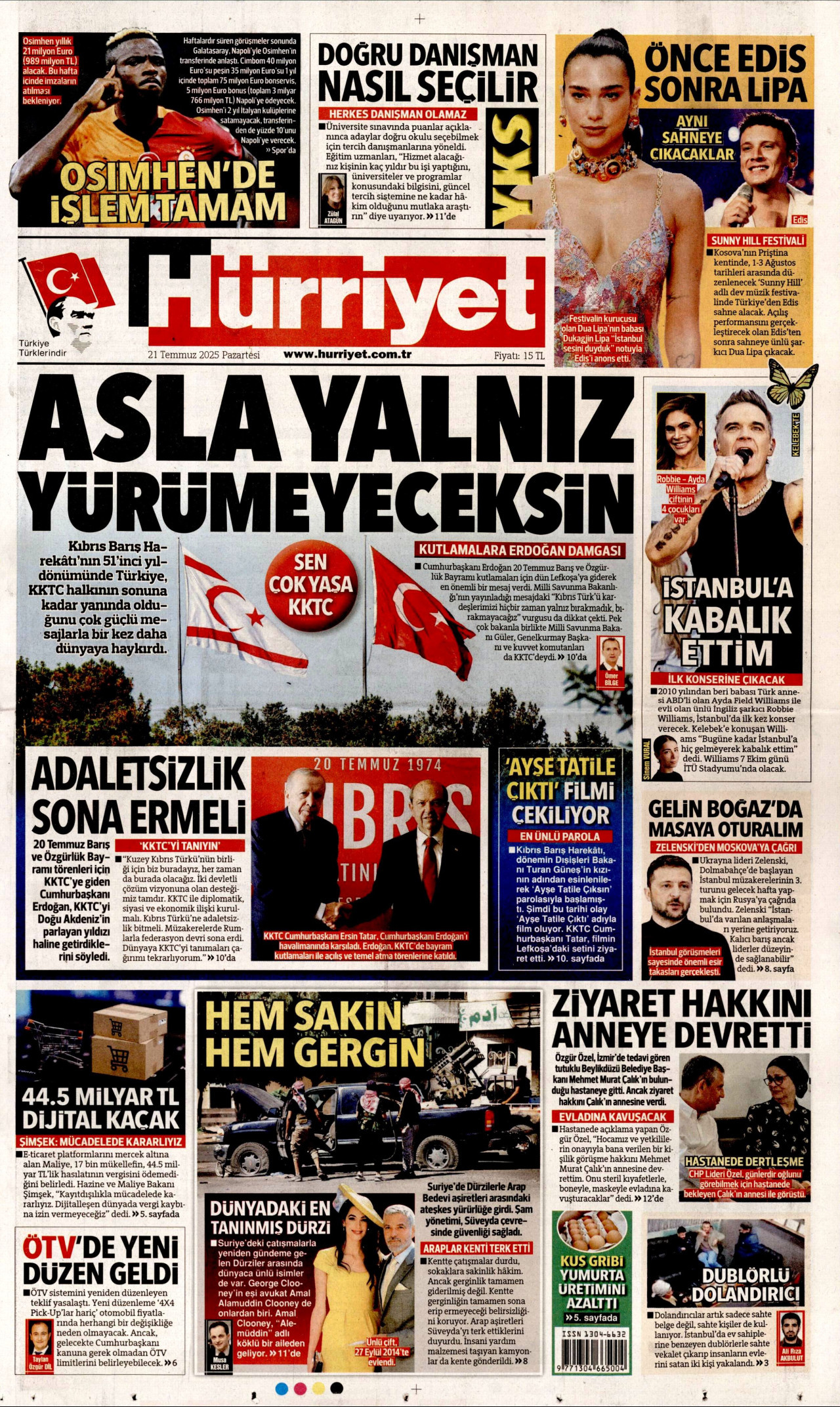 HÜRRİYET gazetesinin 21 Temmuz 2025 tarihli birinci sayfası