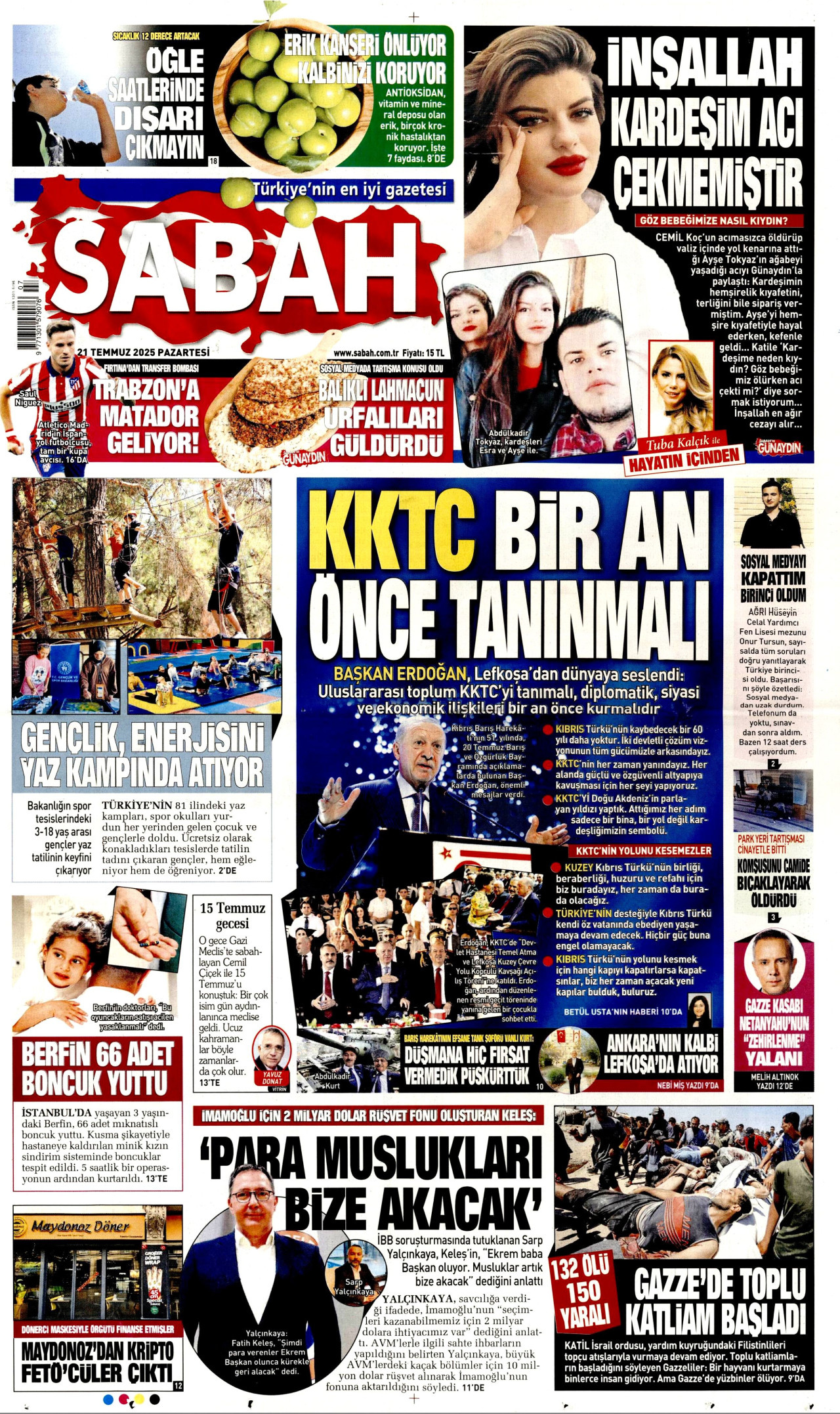 SABAH gazetesinin 21 Temmuz 2025 tarihli birinci sayfası