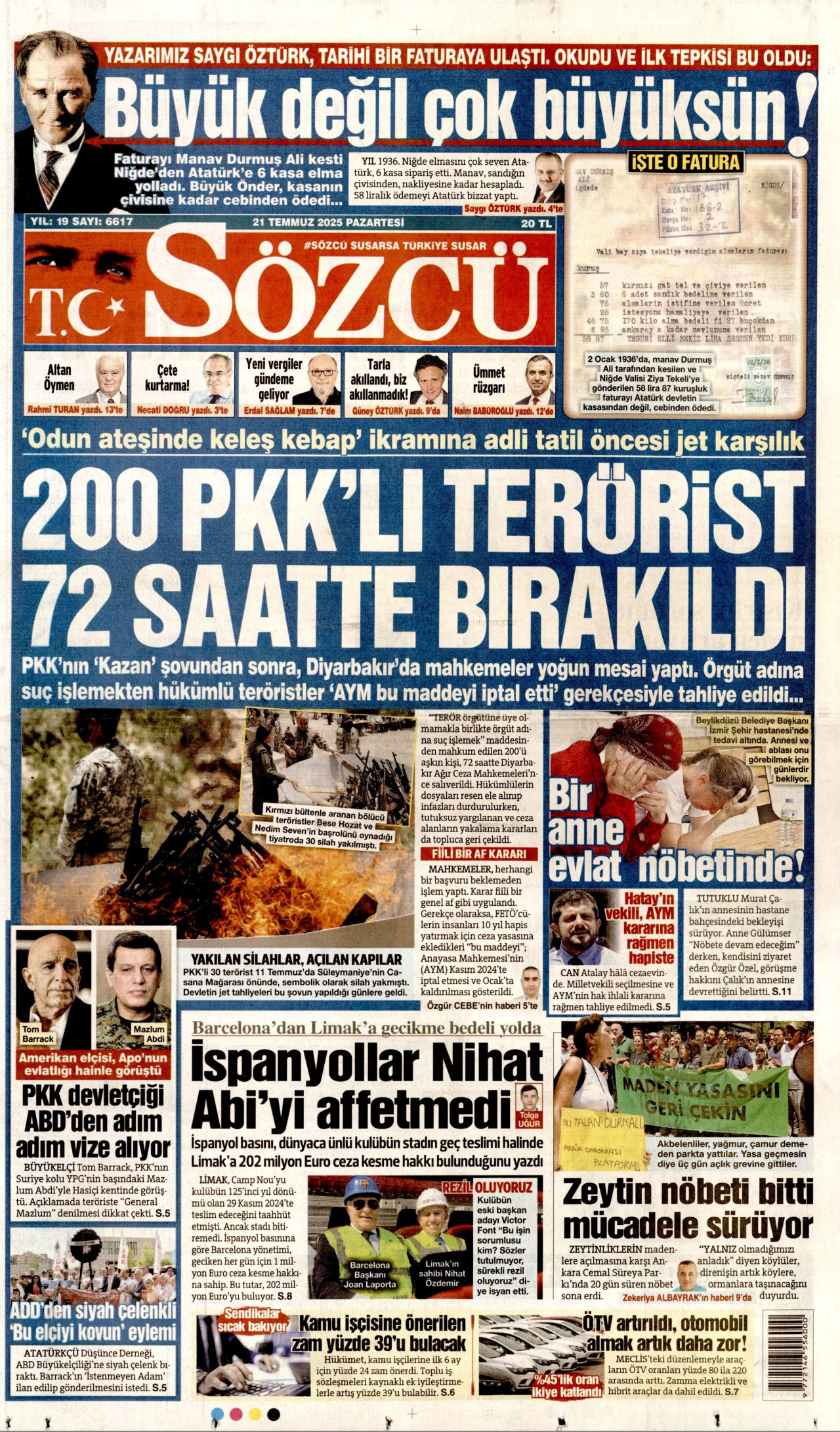 SÖZCÜ gazetesinin 21 Temmuz 2025 tarihli birinci sayfası