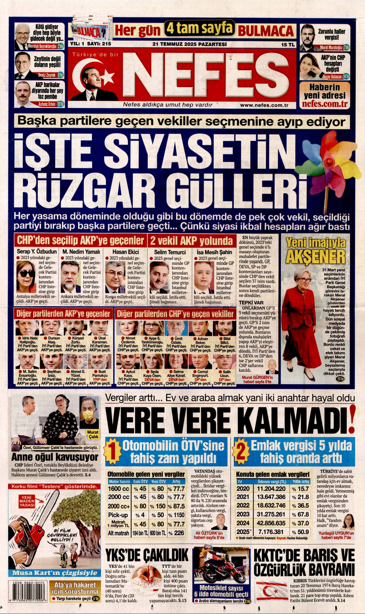 NEFES gazetesinin 21 Temmuz 2025 tarihli birinci sayfası
