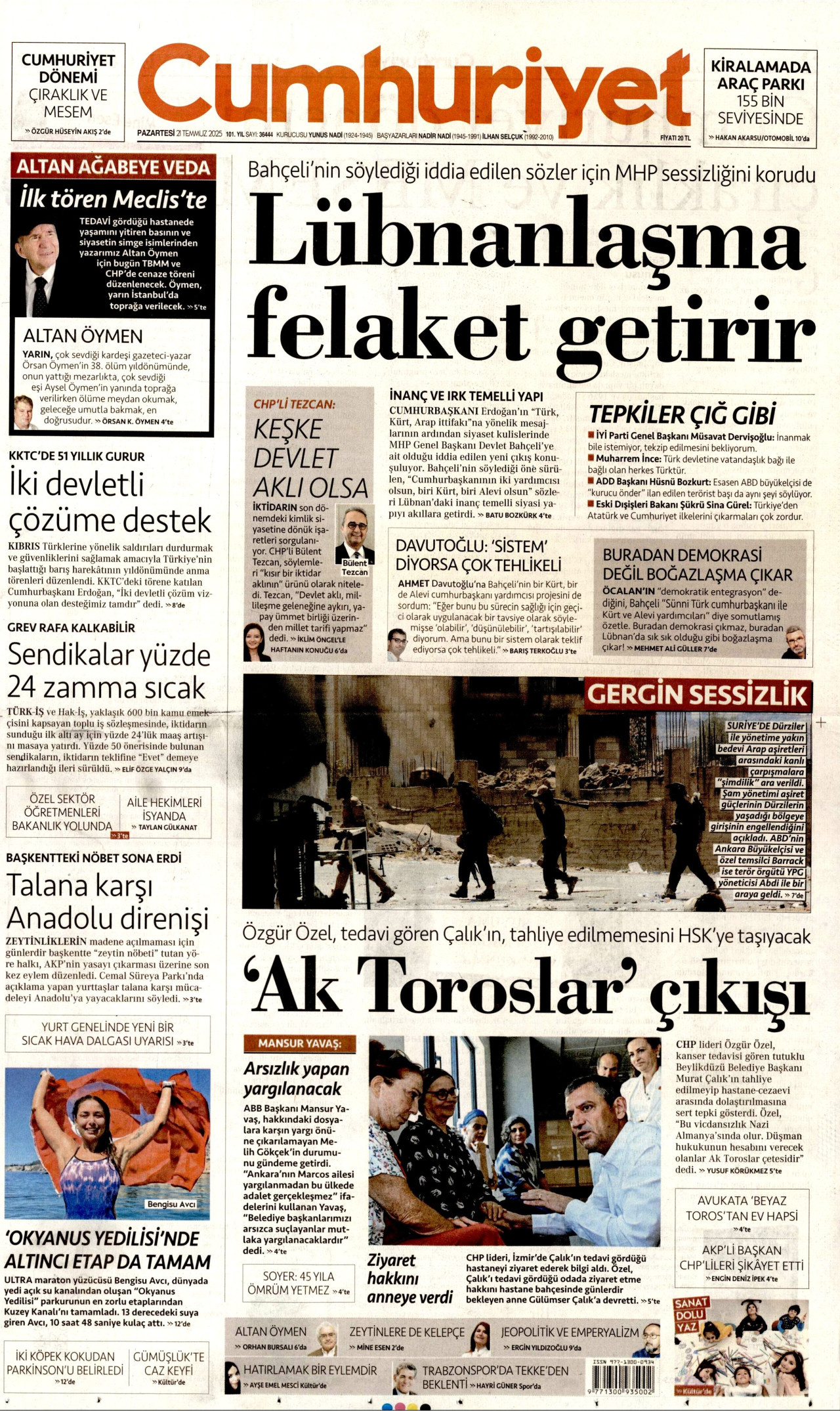 CUMHURİYET gazetesinin 21 Temmuz 2025 tarihli birinci sayfası