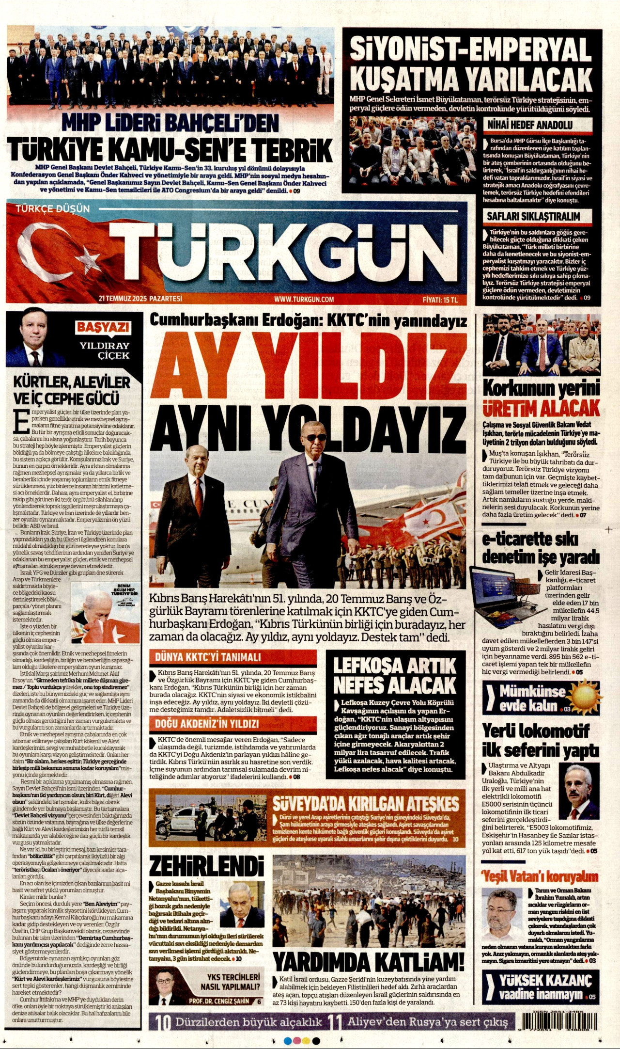 TÜRKGÜN gazetesinin 21 Temmuz 2025 tarihli birinci sayfası