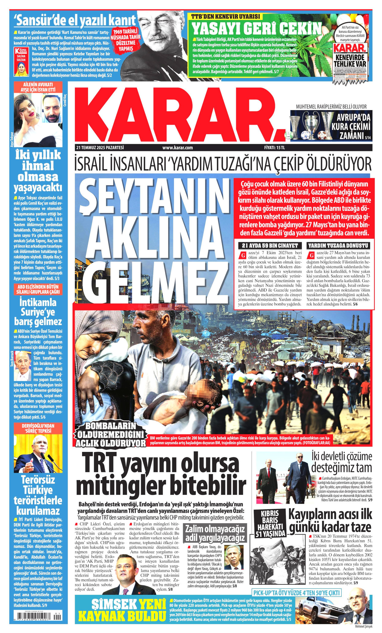KARAR gazetesinin 21 Temmuz 2025 tarihli birinci sayfası