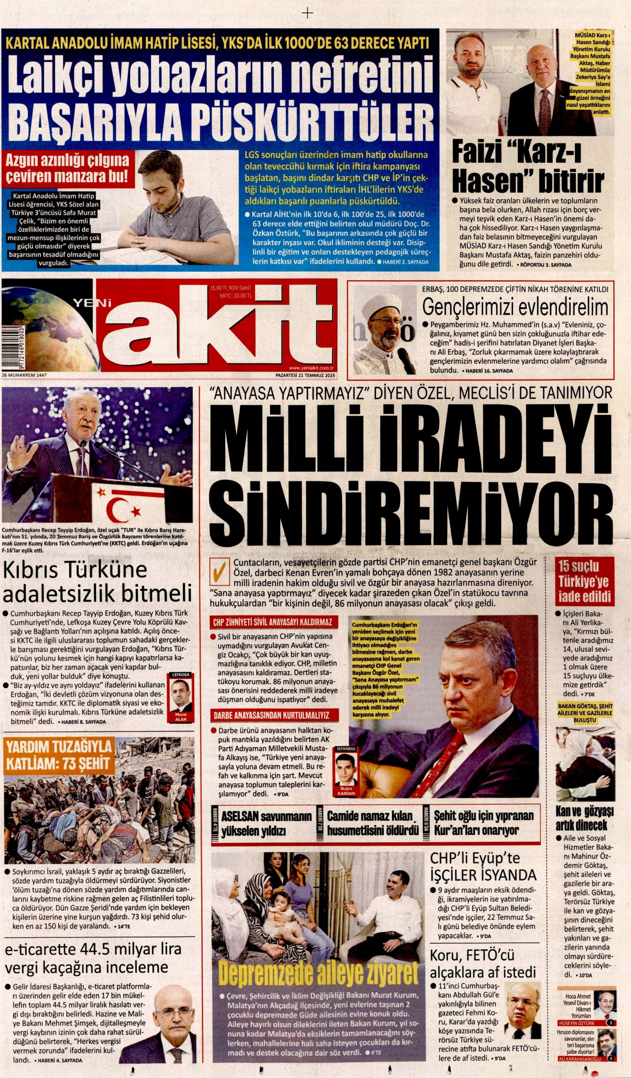 YENİ AKİT gazetesinin 21 Temmuz 2025 tarihli birinci sayfası