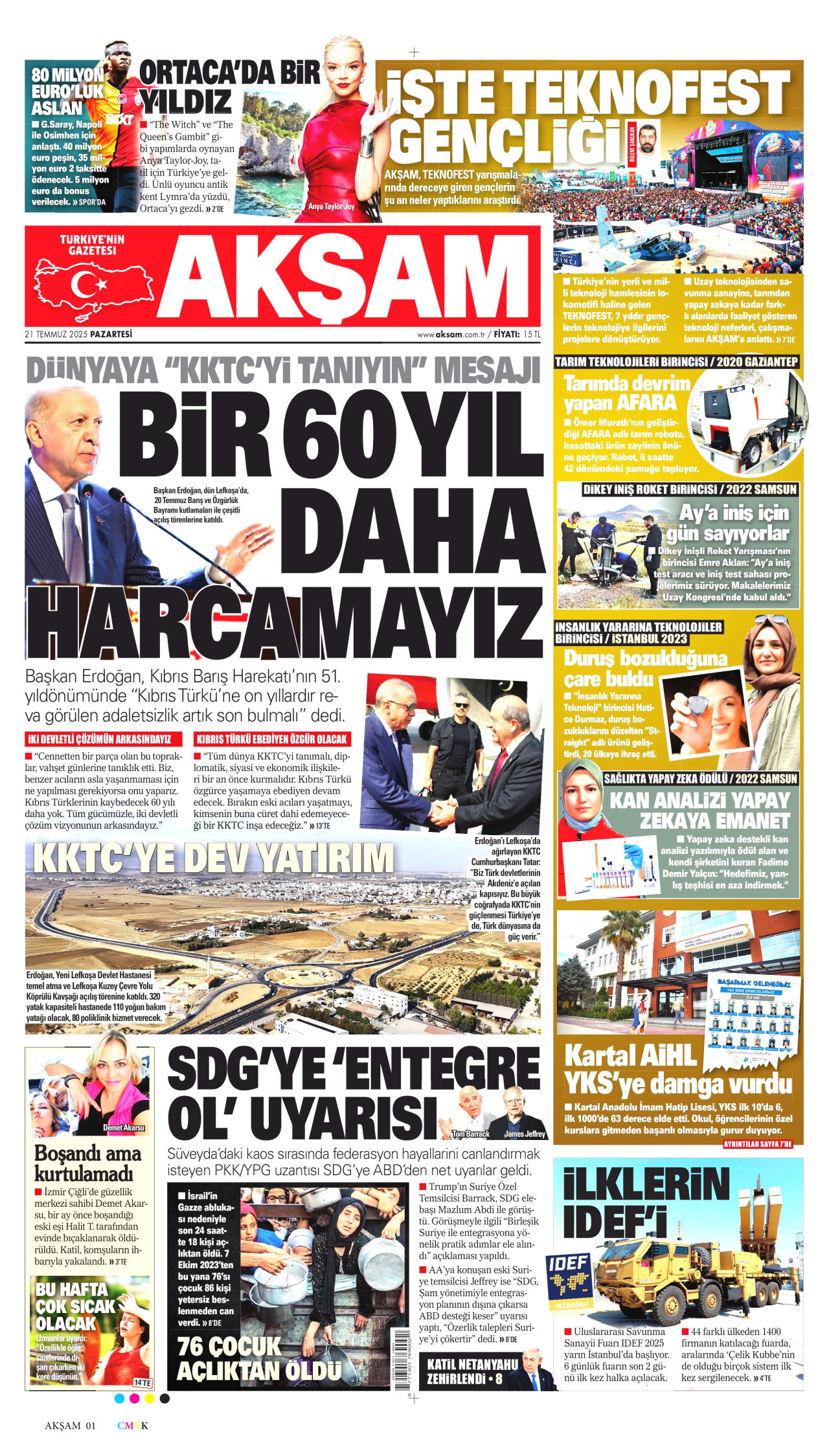 AKŞAM gazetesinin 21 Temmuz 2025 tarihli birinci sayfası