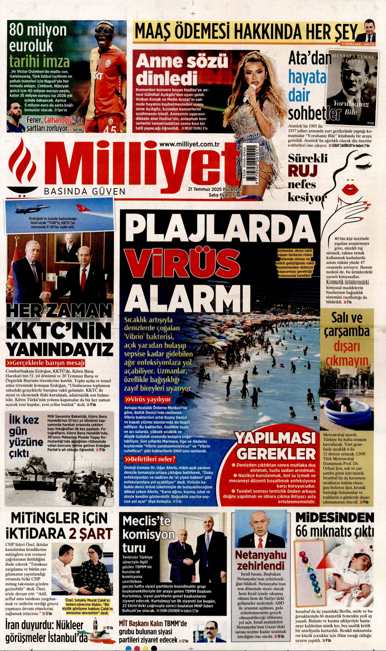 MİLLİYET gazetesinin 21 Temmuz 2025 tarihli birinci sayfası